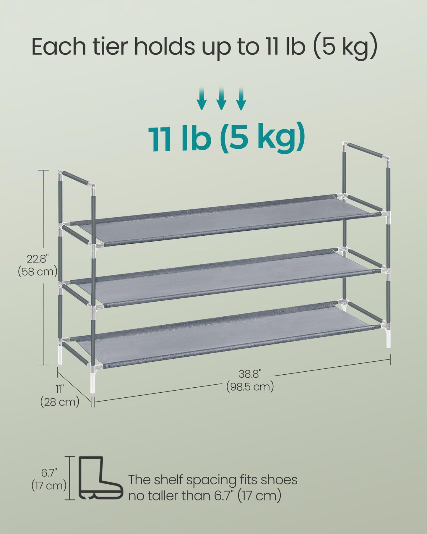 SONGMICS 3-Tier Shoe Rack, Shoe Storage for Hallway Closet, Slim and Space-Saving, Metal Frame, Non-Woven Fabric Shelves, Grey ULSH053G01V1