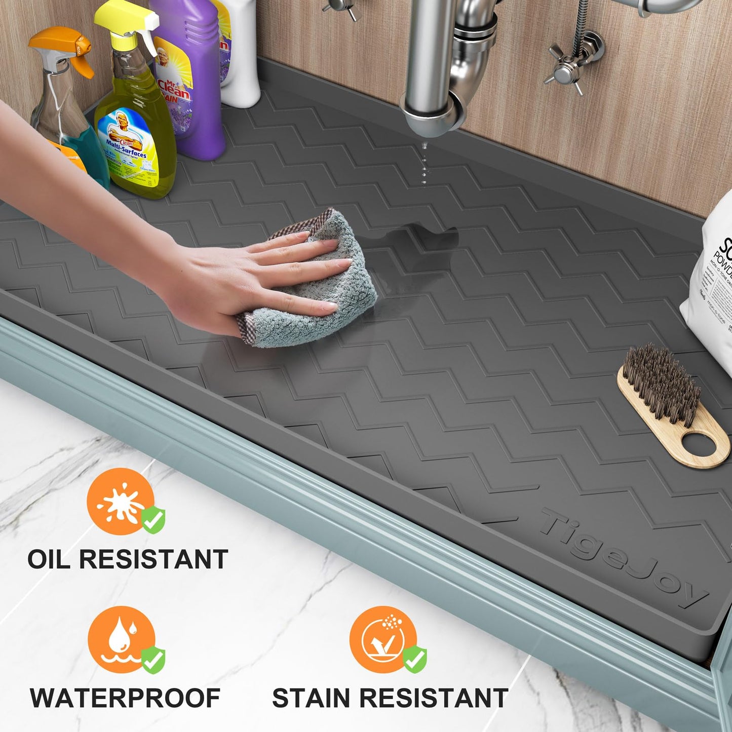 TigeJoy Waterproof Under Sink Mat 34" x 22", Kitchen Cabinet Liner and Drawer Shelf Liners, Protectors for Kitchen Organizers and Storage, Silicone Mat Boot Tray