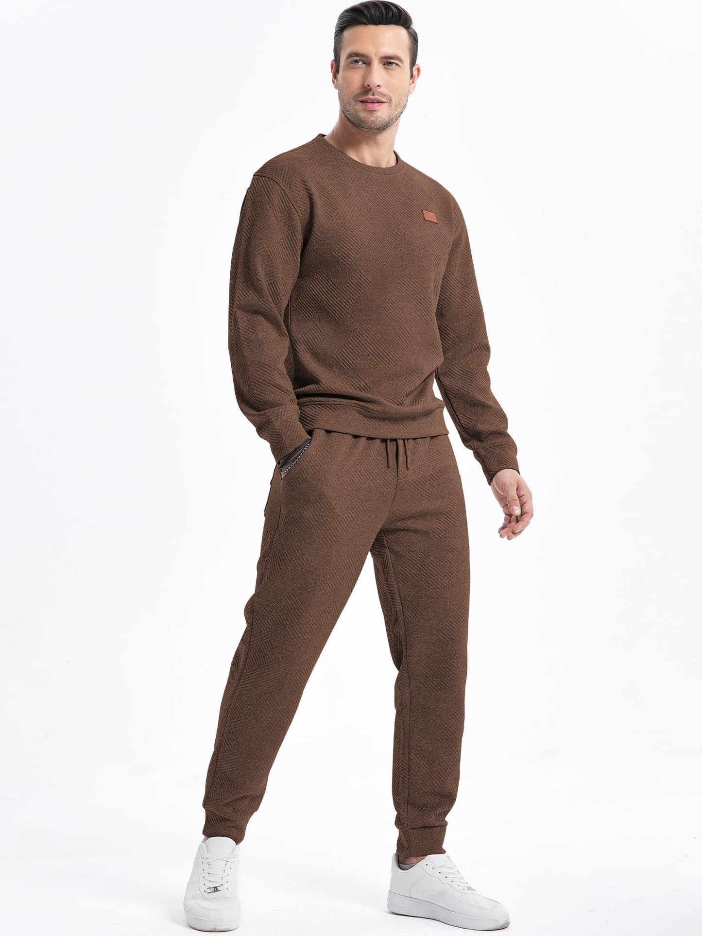 JMIERR Knit Jacquard Sweatsuits for Men Set 2 Piece Outfits Long Sleeve Pullover Sweatshirt & Running Joggers Sweatpants, Fall Tracksuit Matching Lounge Sets, L, Coffee