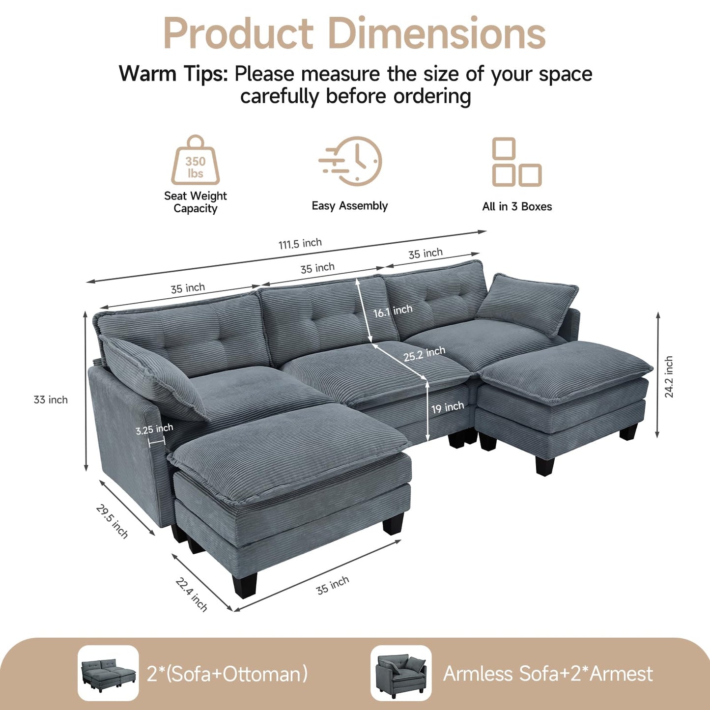 Amsleekey Modular Sectional Sofa, 111.5" U-Shaped Corduroy Comfy Sectional Couches for Living Room, 3-Seater Cloud Couches with 2 Movable Ottomans, Flexible Combination Modern Deep Seat Sofa (Grey)