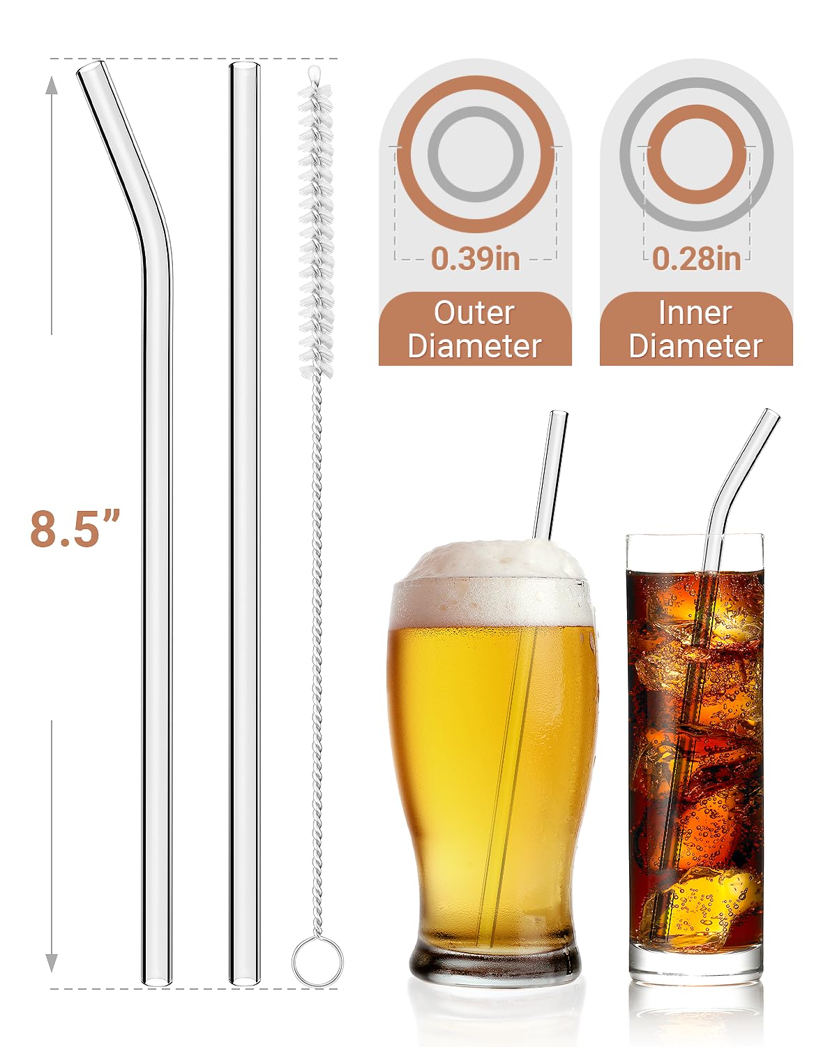 Foogwee® 20 Packs Reusable Glass Straws Set, 8.5'' x 10mm Clear Drinking Straws for Smoothies, Shakes, Coffee, Juice, Sodas, Milk, Tea, Cocktails, Set of 8 Straight and 8 Bent with 4 Cleaning Brushes