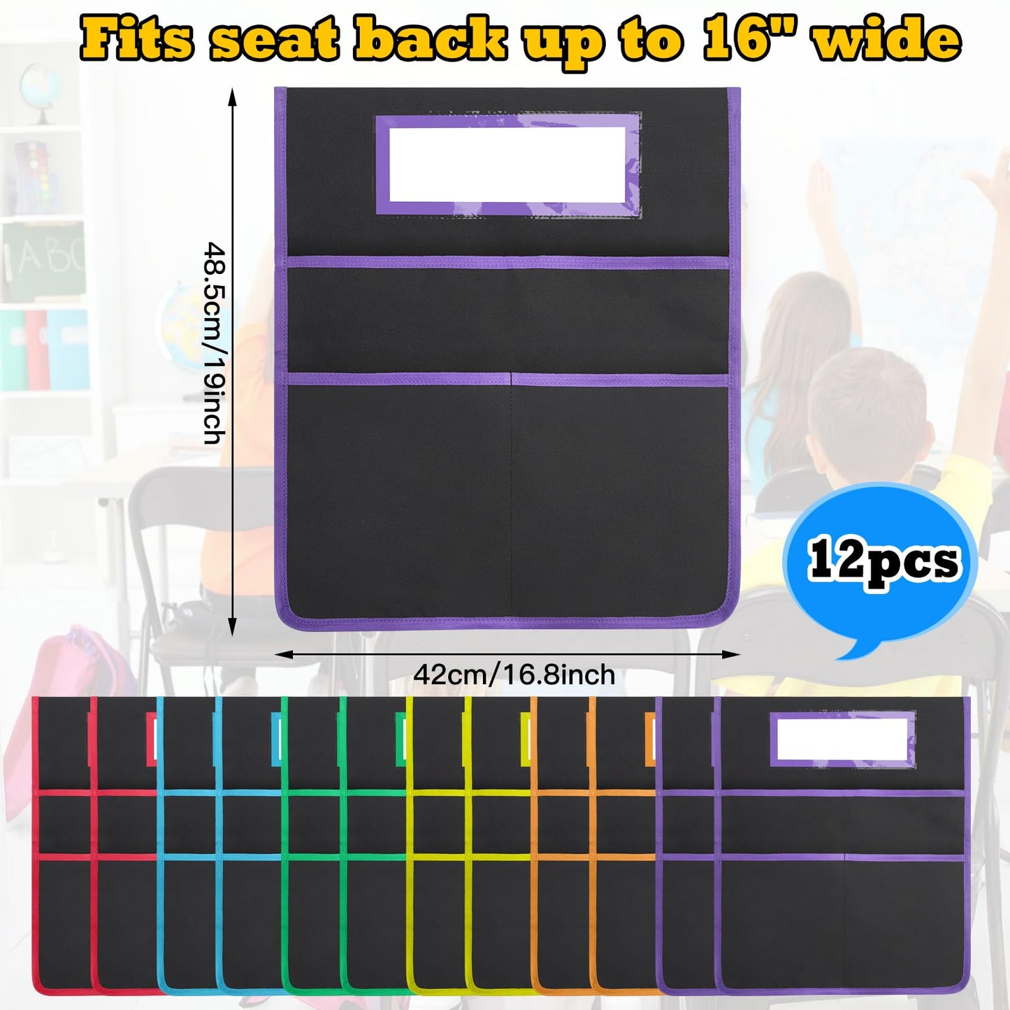 AZKAQA 12 Pack Classroom Chair Pockets 19x16.8 Inch Chairback Buddy Pocket Chart Seat Back Organizer Student Storage with Lable Slot for Classroom Kindergarten School Home