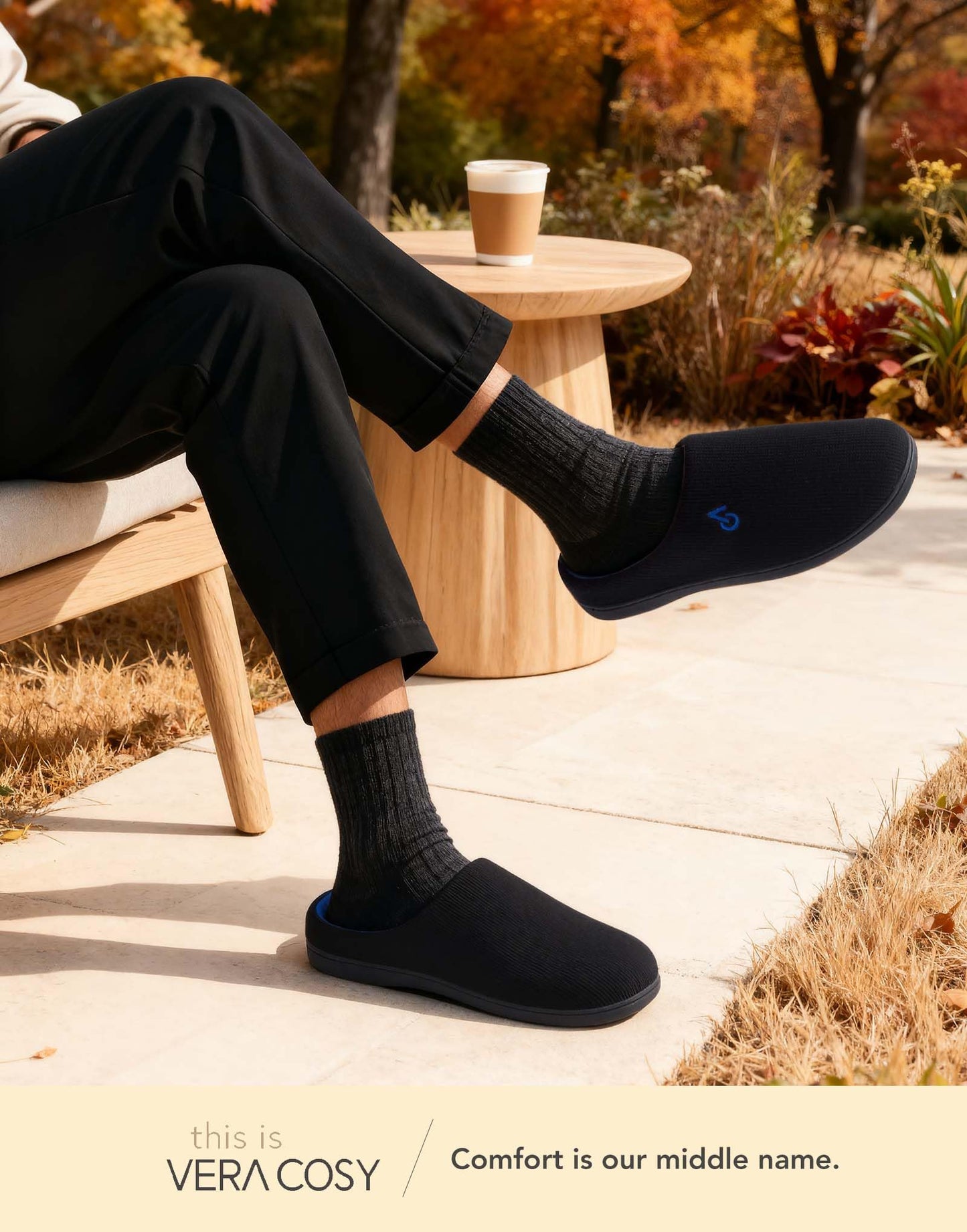 VeraCosy Men's Two-Tone Memory Foam House Slippers Indoor Outdoor Durable Rubber Sole (Blue,9-10 US)