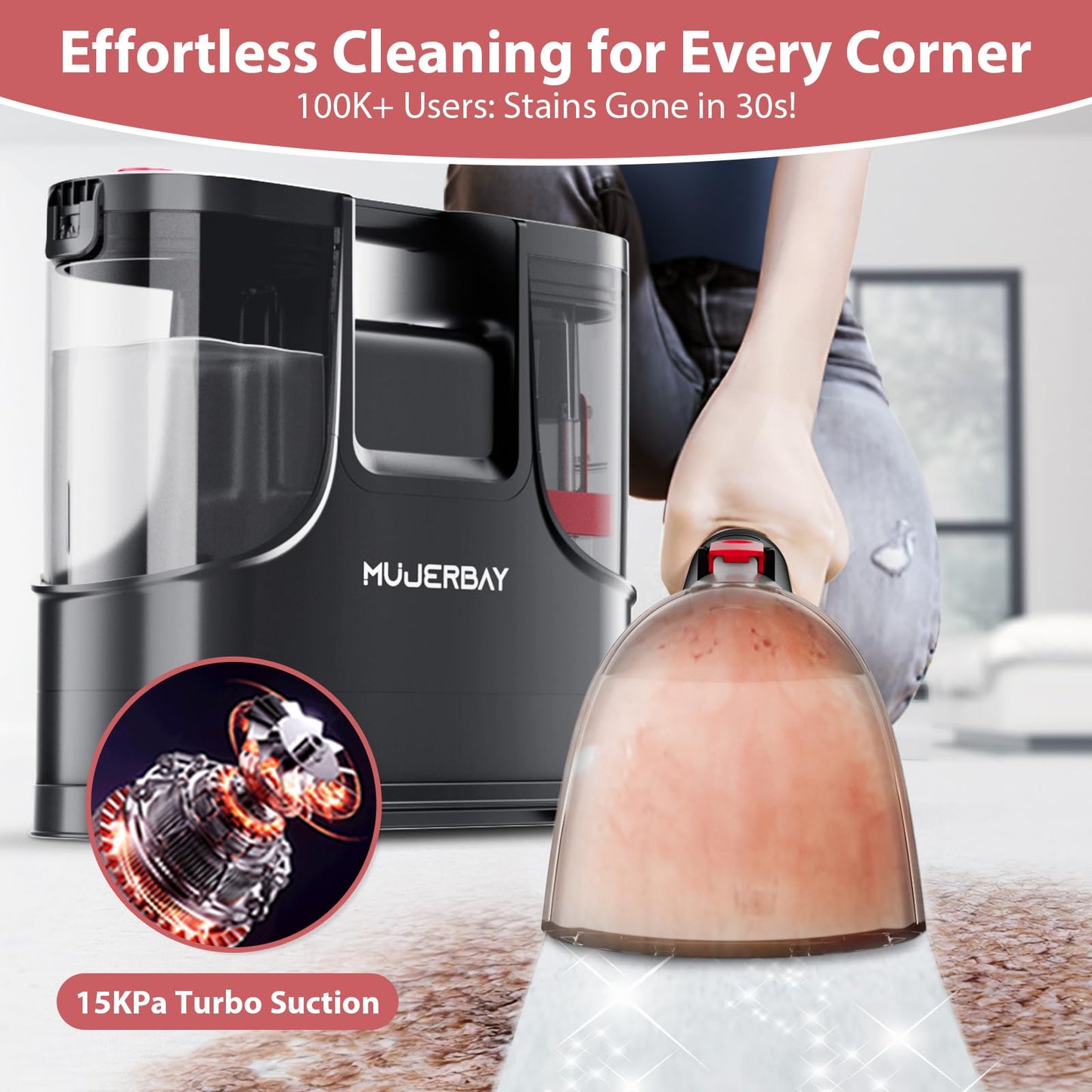 Carpet Cleaner, MUJERBAY 15Kpa Portable Spot and Stain Cleaner, Easy Move with Handle, 1.5-inch Deep Cleaning Machine for Couch, Stairs, Car. Red