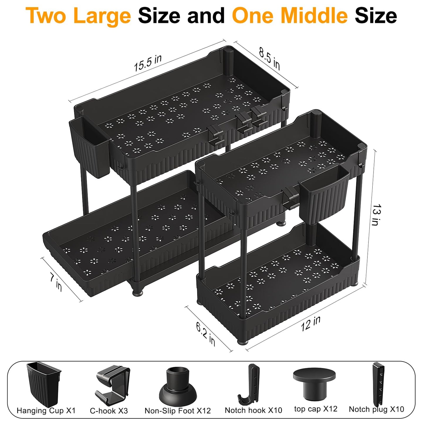 Sevenblue 3 Pack Under Sink Organizers, 2-Tier Multi-Use Kitchen and Bathroom Organizers and Storage with Sliding Drawers,Bathroom Cabinet Organizer (Black, 12.8 Inch)