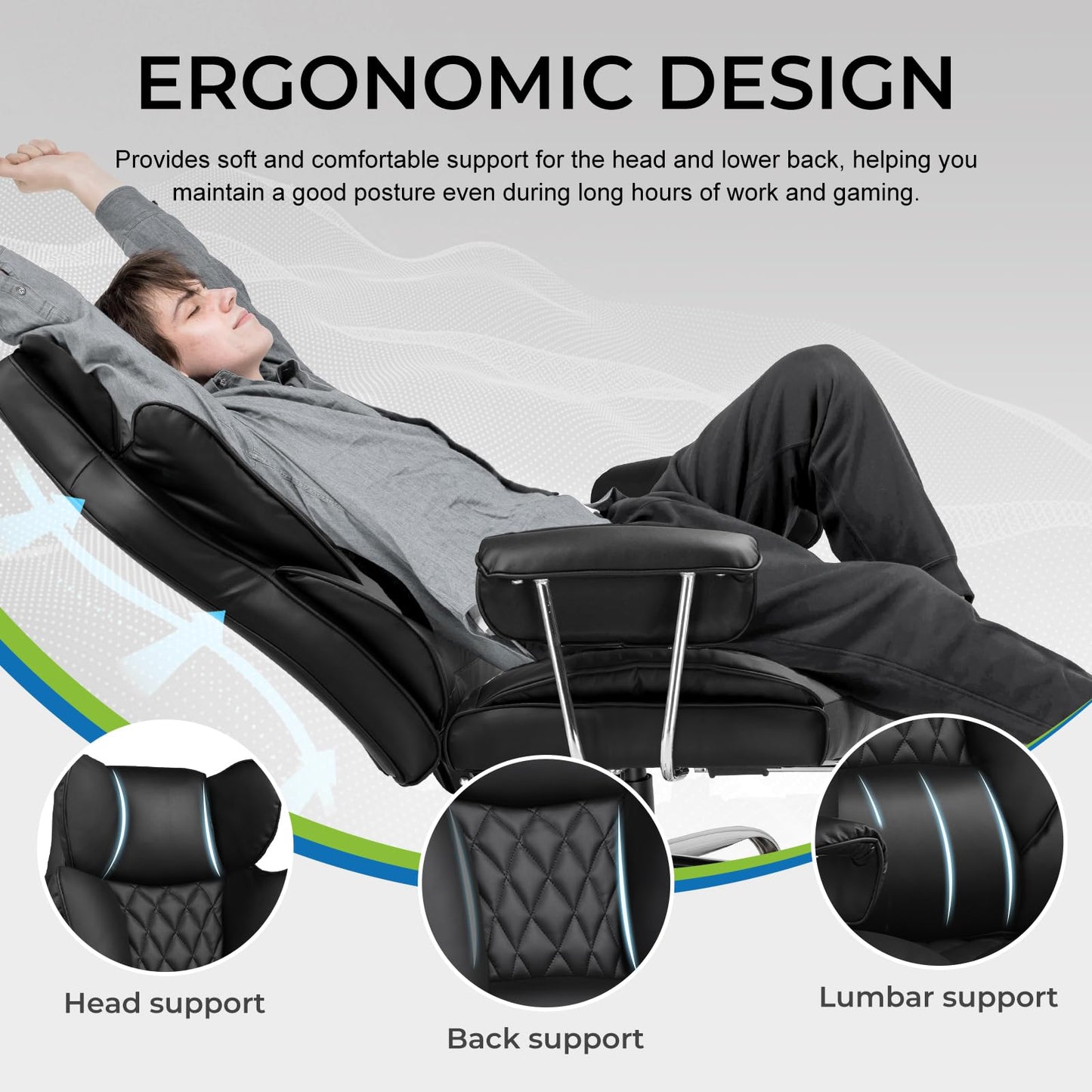 GTRACING Gaming Chair,Office Chair with Pocket Spring Lumbar Support, Ergonomic Comfortable Wide Office Desk Computer Chair with Outward Fixed Soft Armrests and Footrest (PU Leather, Black)