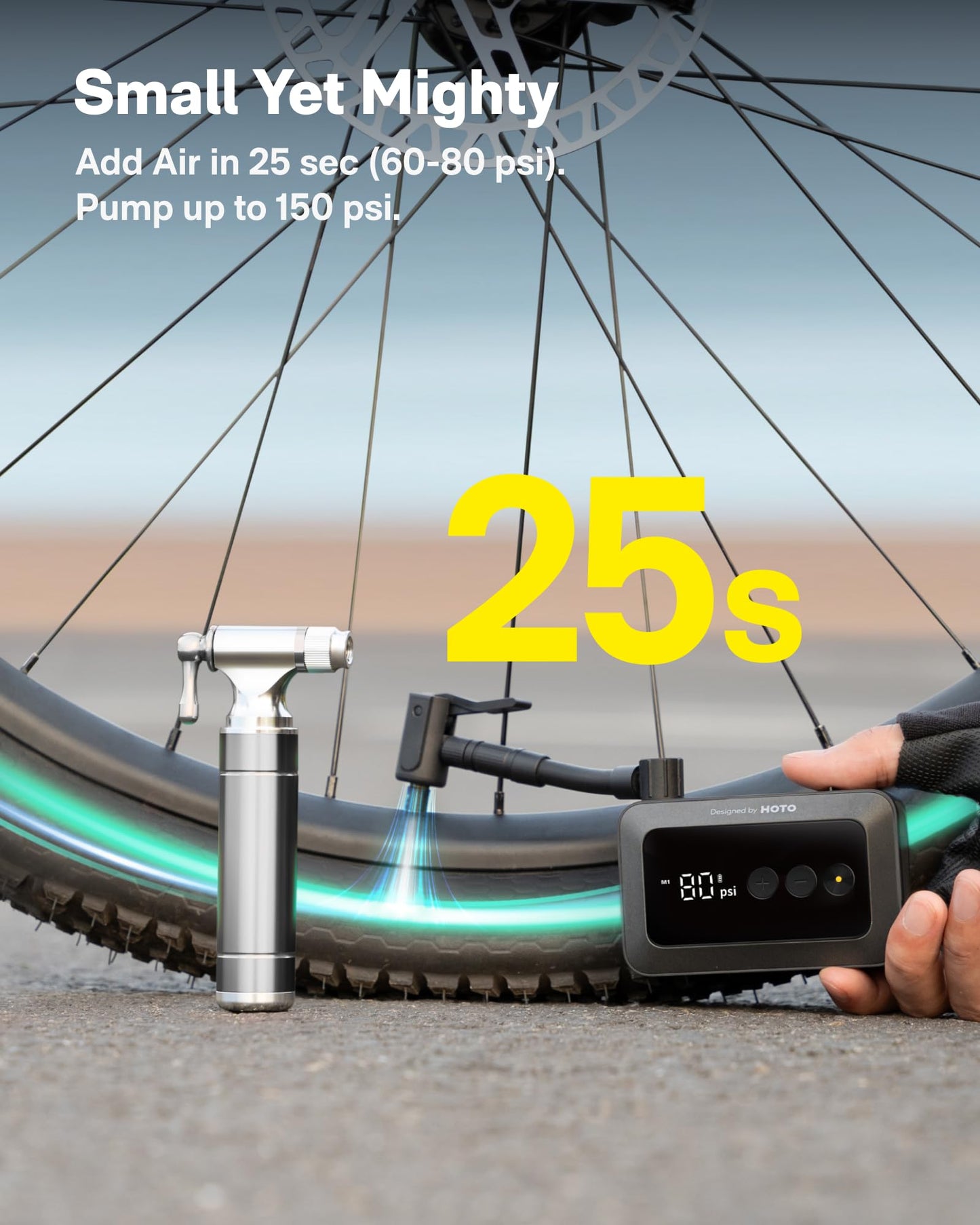 HOTO Mini Bike Tire Pump, 25s Fast Inflate Bicycle Pump with Guage, 150PSI Portable Electric Bike Air Pump with Presta and Schrader Valve for Road Bike, Motorcycle, Mountain Bike