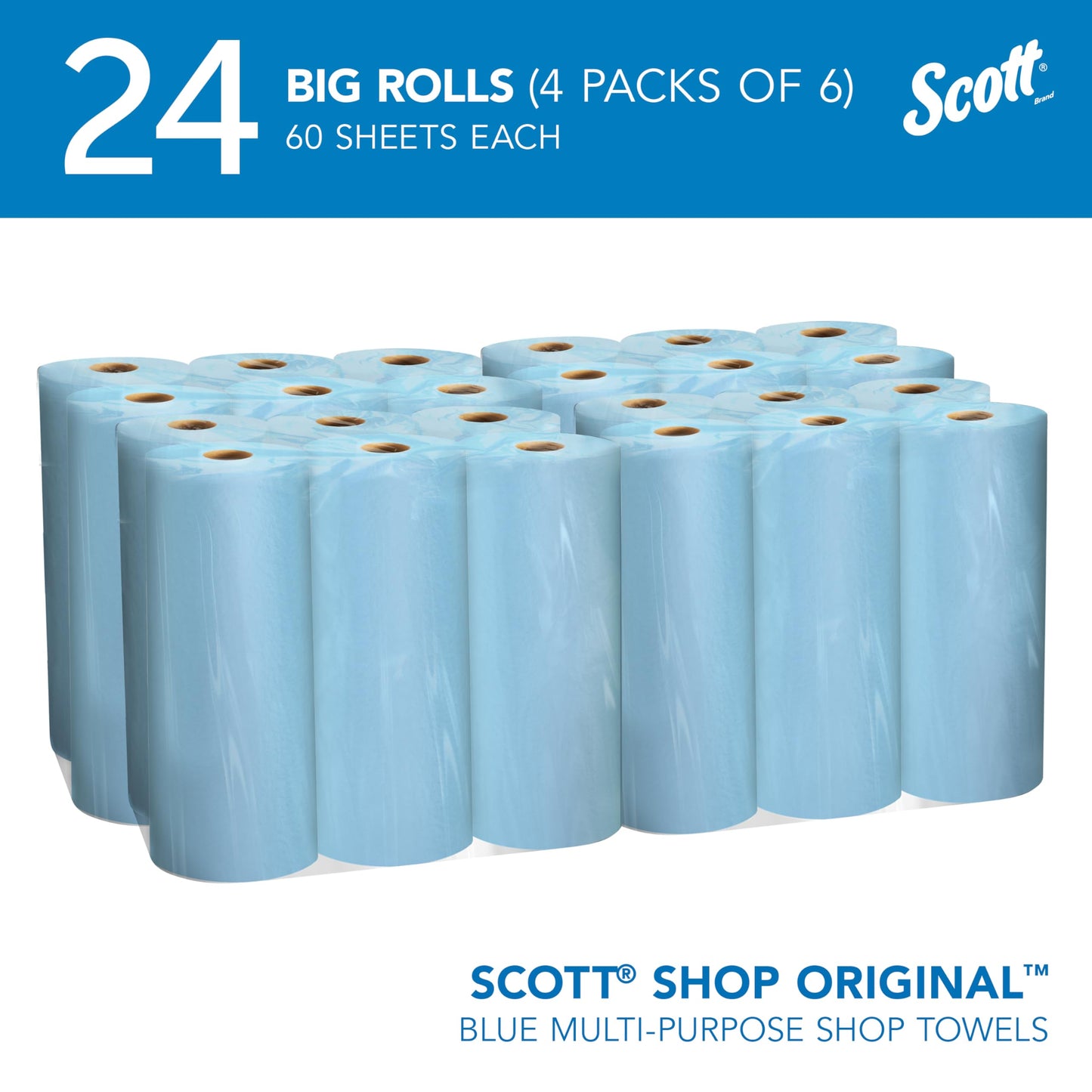 Scott® Shop Towels Original™ (55990), Blue Shop Towels, Big Rolls, 4 Packs of 6 Rolls, 11"x9.4" sheets, (60 Towels/Roll, 24 Rolls/Case, 1,440 Towels/Case)