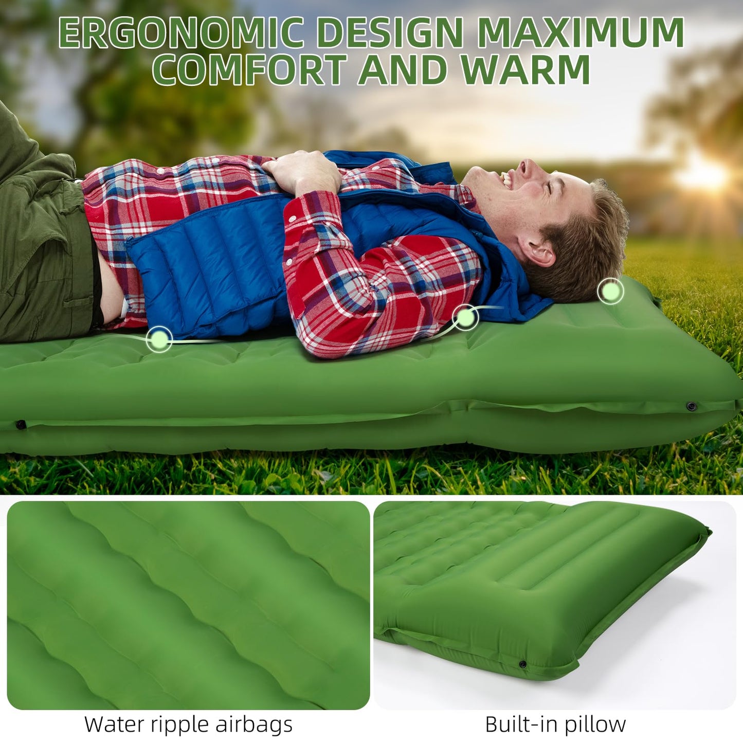 FNARMW Camping Sleeping Pad, Extra Thick 5 Inch Camping Mat with Pillow Built-in Foot Pump Inflatable Sleeping Pads Compact for Camping Backpacking Hiking Traveling Tent(Green)