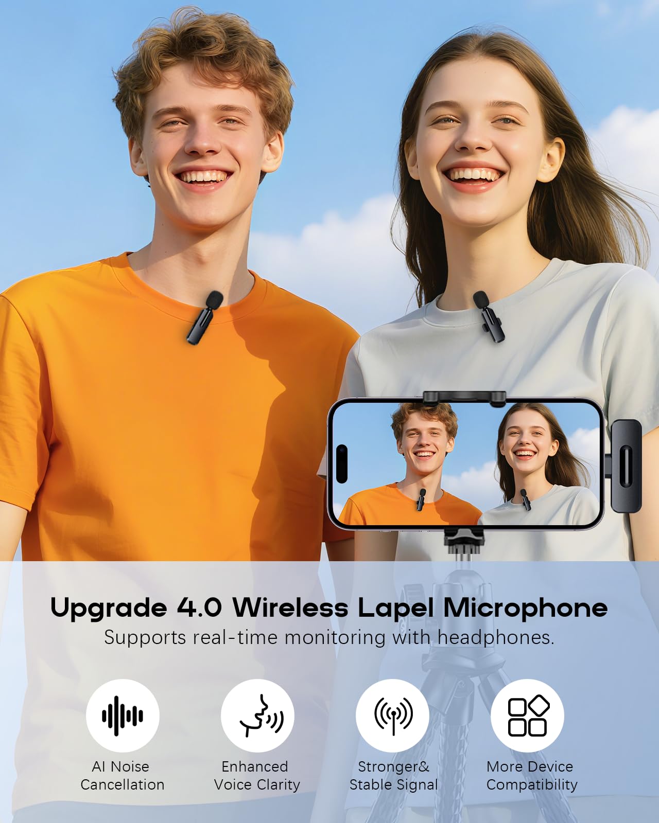 Wireless Mini Microphone for iPhone - 2 Pack Lavalier Microphone for Video Recording, 2 In 1 Noise Reduction Lapel Mic for Ipad, Android,Clip-on Mini Mic with USB-C for Content Creators Podcast