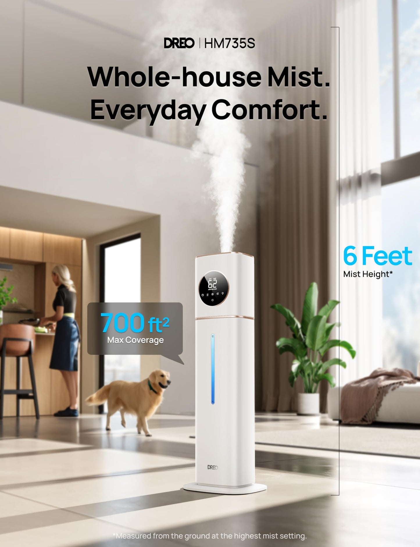 DREO HM735S 11L Smart Humidifier Large Room 700 ftยฒ, 100H Cool Mist Air Humidifiers for Bedroom, Top-Fill, Clean Tank Technology, 26dB, Auto Mode, Aroma Box, RGB, Remote & APP Control, Baby, White