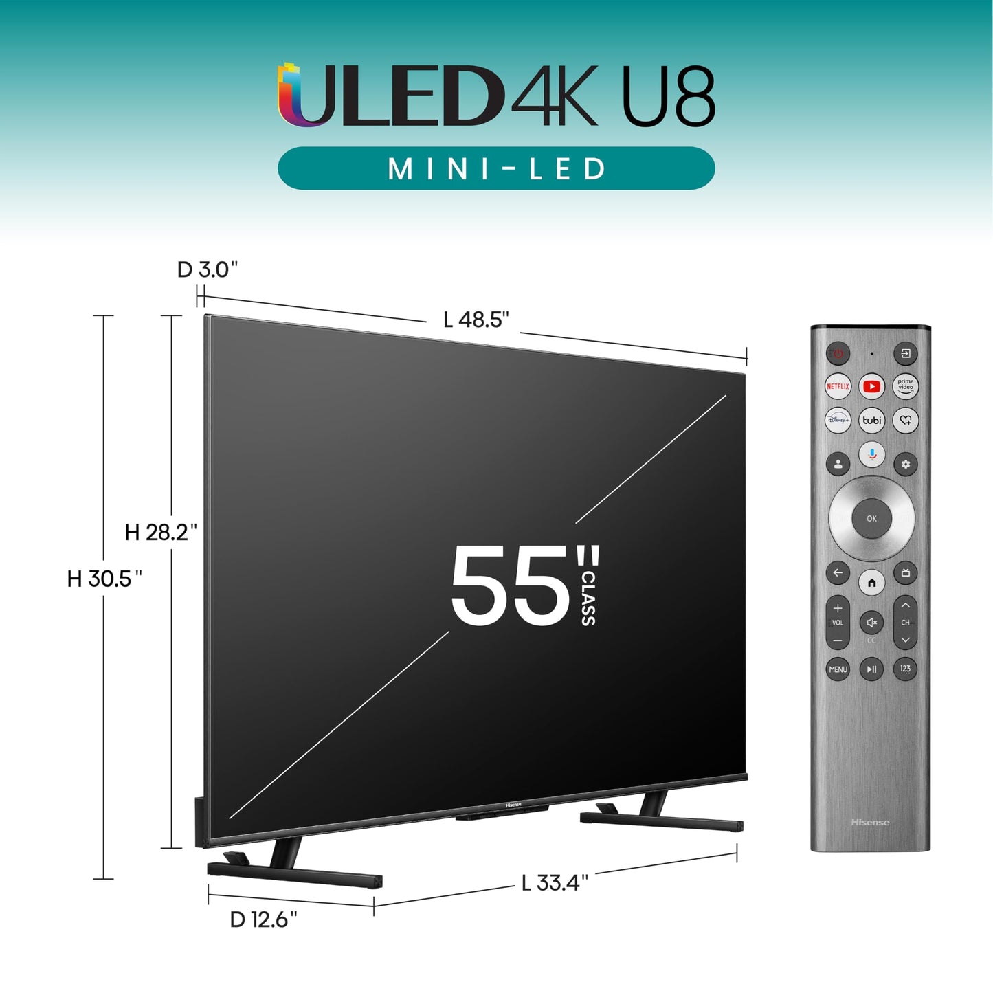 Hisense 55-Inch Class U8 Series Mini-LED ULED 4K UHD Google Smart TV (55U8N, 2024 Model) - QLED, Dolby Vision IQ, Dolby Atmos, Full Array Local Dimming Pro, 144Hz Game Mode Pro, Alexa Compatibility