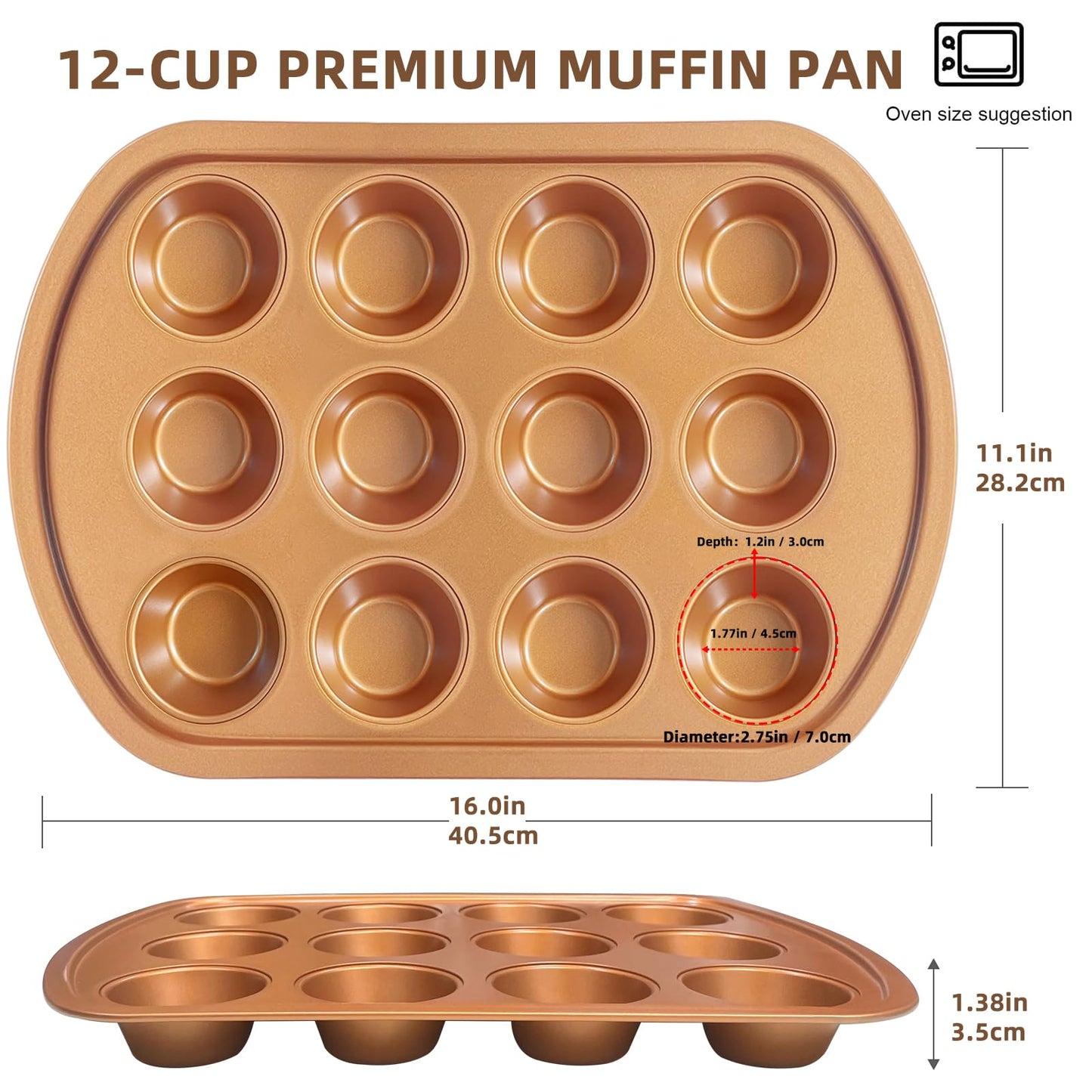 Wokic Nonstick 12-Cup Muffin Pan, Premium Ultrathick Cupcake pan, Muffin Tin Tray - Perfect for Cheesecake Bites and More. Dishwasher Safe, Easy to Clean, and Heavy Duty (Gold)