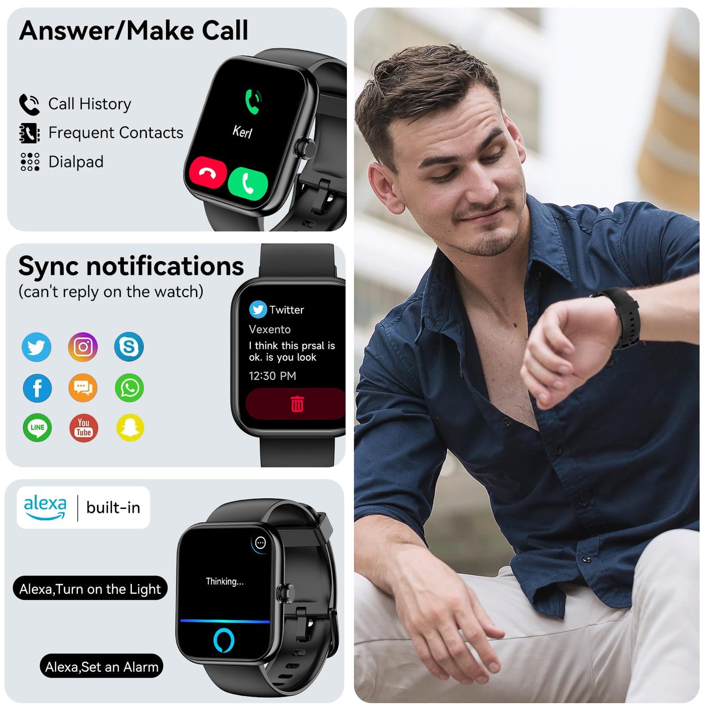 Smart Watch with Alexa Built-in, 1.83" HD Fitness Tracker for Men Women, Bluetooth Calls/Notifications, IP68 Waterproof, 120+ Sports Modes, 24/7 Heart Rate and Sleep Tracking for IOS Android (Black)