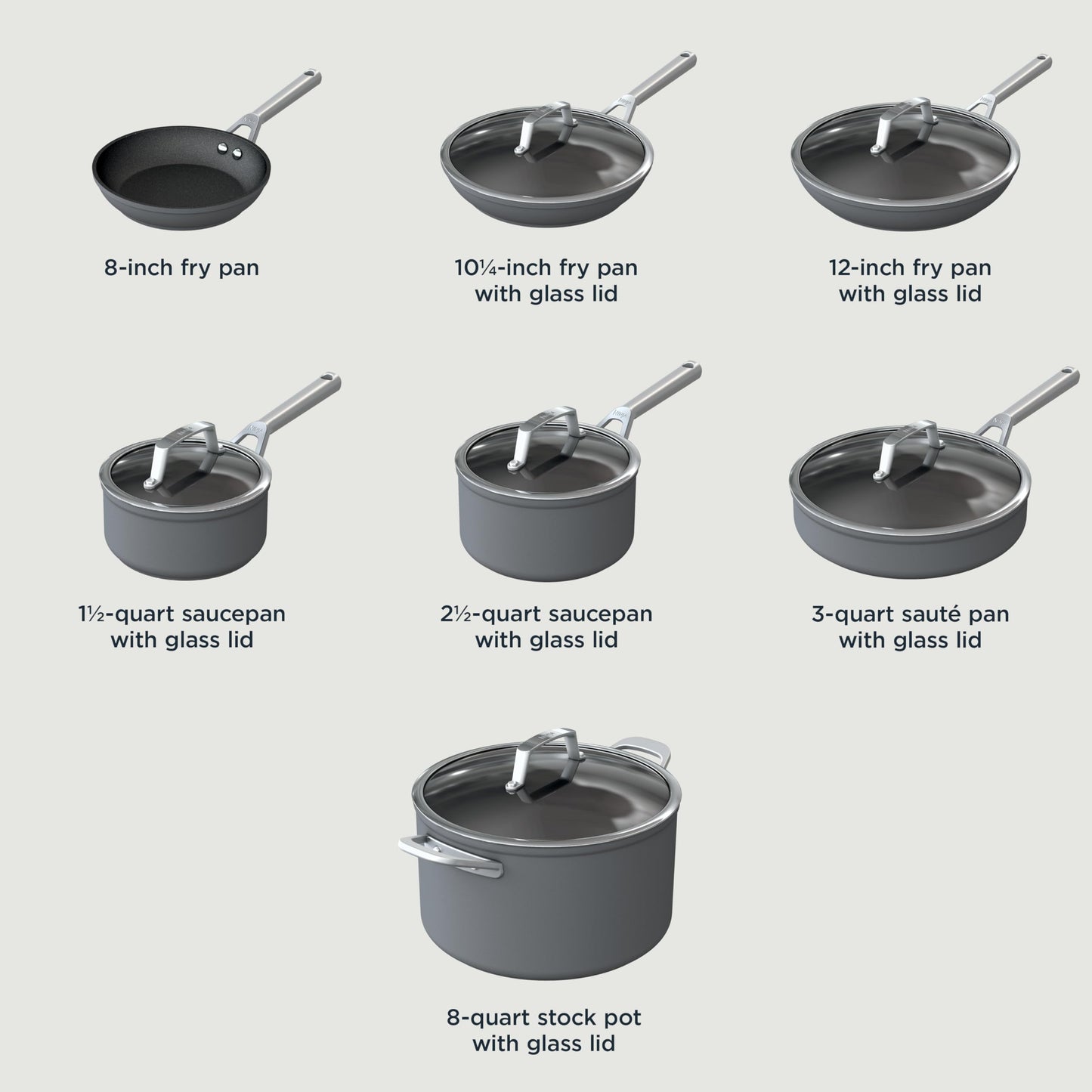 Ninja, Cookware, 12-Piece Cookware Set, Fry Pan, Sauce Pan, Sauté Pan, Glass Lid, Stock Pot, Foodi NeverStick Premium, Hard-Anodized, Nonstick, Oven Safe, Durable Pans, Slate Grey, C39800
