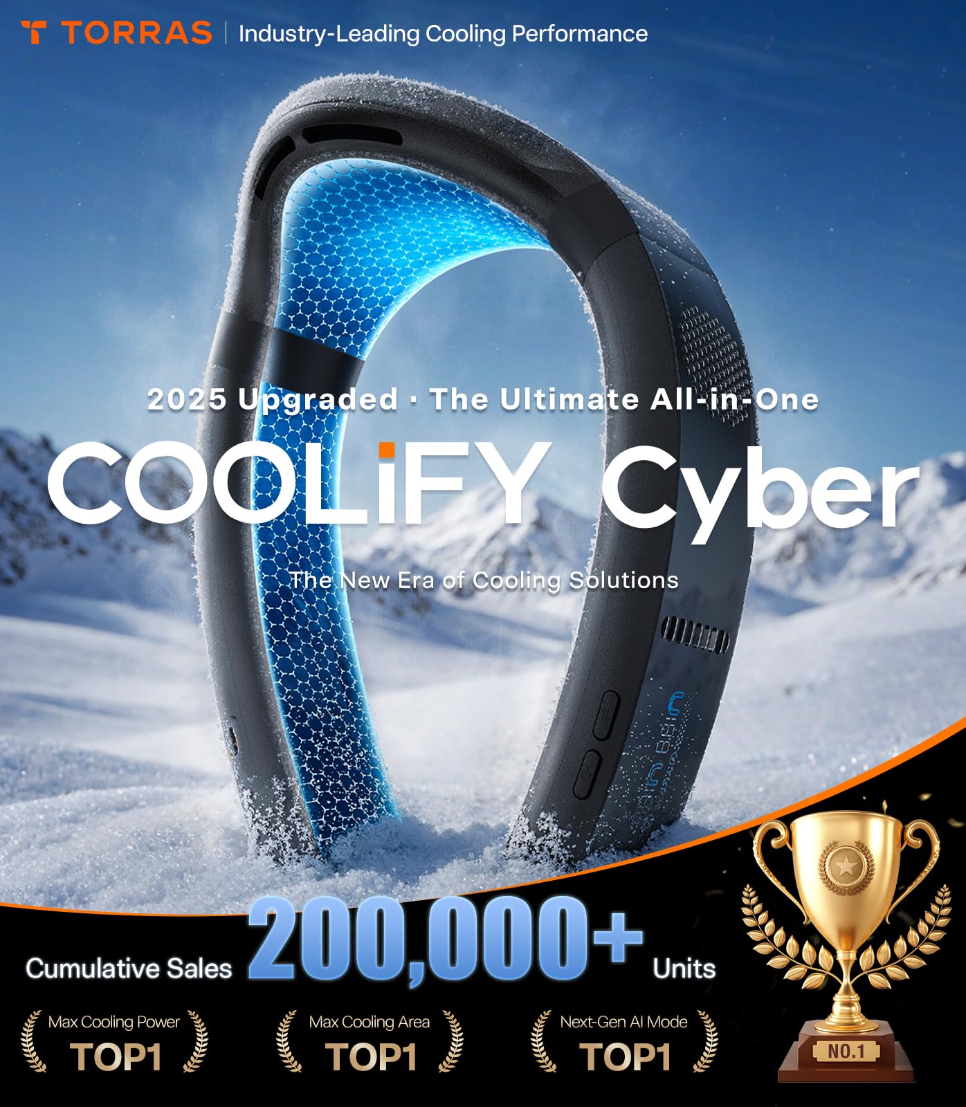 TORRAS 2025 Top Al Neck Fan Air Conditioner Coolify Cyber, Portable Personal Neck Fans that Blow Cold Air【No.1 Dual-Coolest Wind & 720° Immersive Cooling】Rechargeable for Outdoor/Indoor. Gifts for Dad