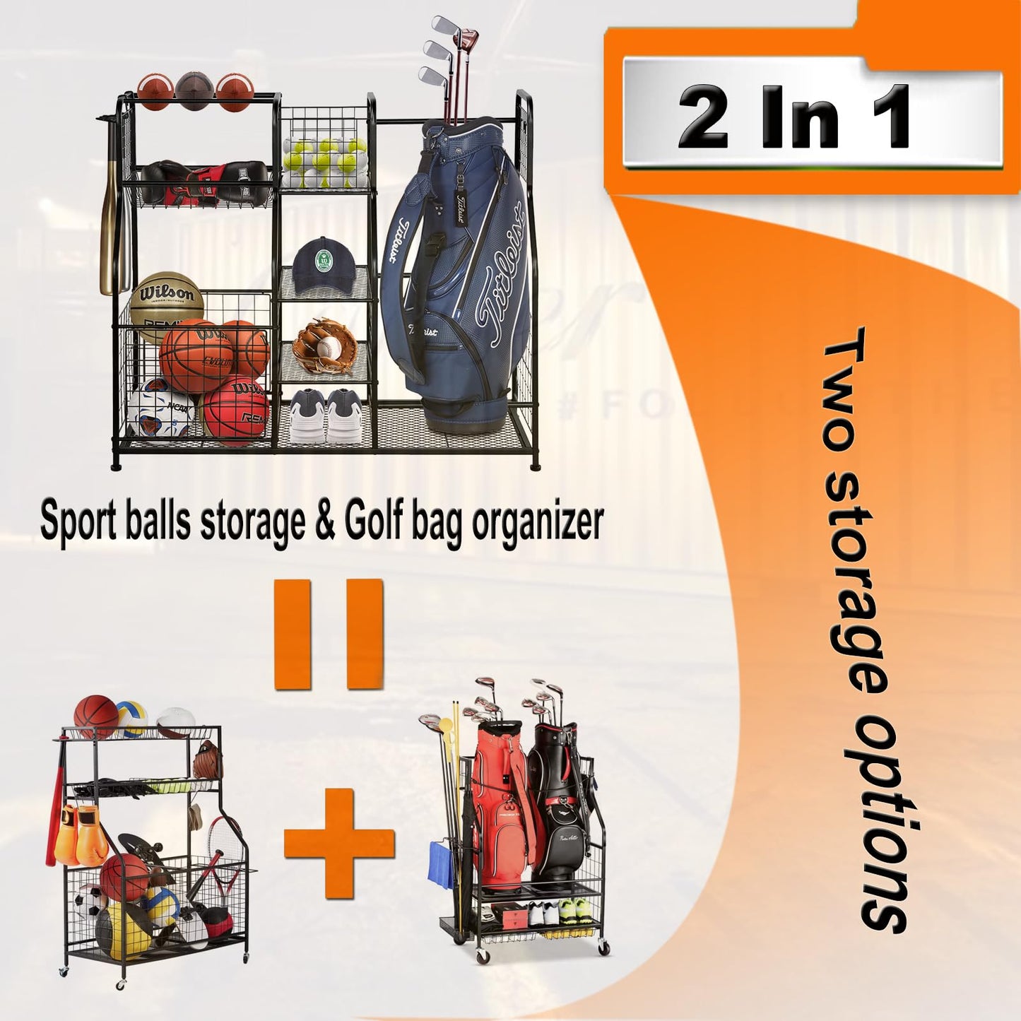 Garage Sports Equipment Organizer & Outdoor Toy Storage, Ball Storage Golf Organizer For Garage with Baskets, 5 Hooks