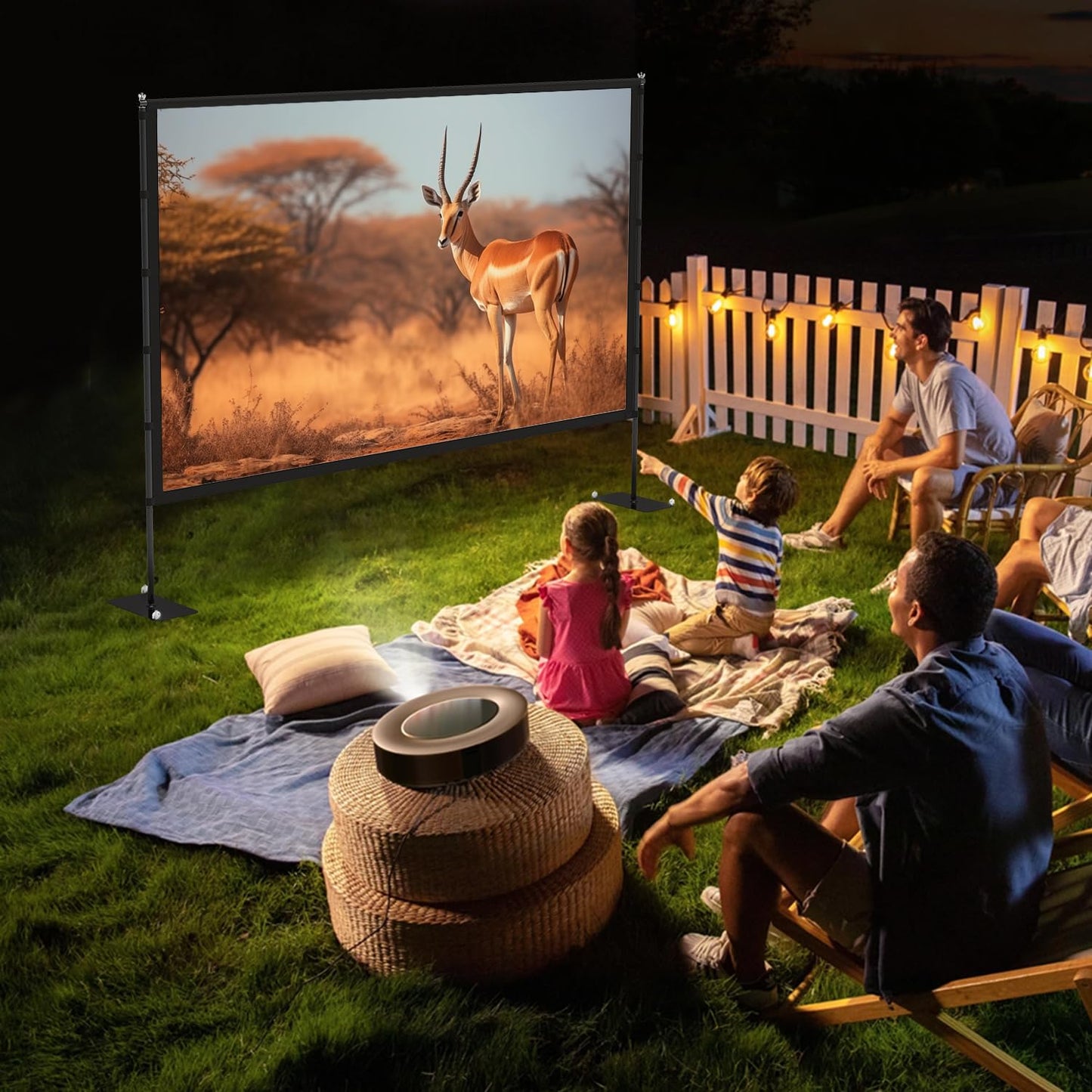 Outdoor-Projector-Screen-with-Stand - 120 inch Portable Projector Screen Indoor Outdoor Projector Screens 16:9 4K HD Lightweight Movie Screen with Carry Bag for Backyard Movie Night