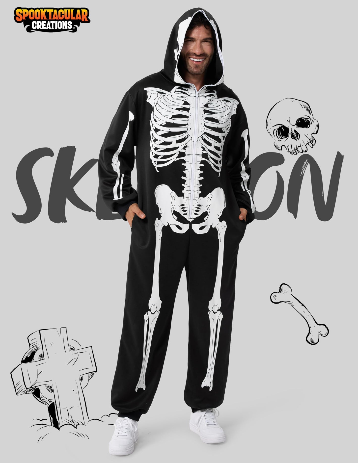 Spooktacular Creations Halloween Skeleton Pajama, Skeleton Costume for Adult Men, Hooded Plush Pajamas Jumpsuit, Zip-Up Skull Jumpsuit for Adult Men Halloween Cosplay Costume Themed Parties Black