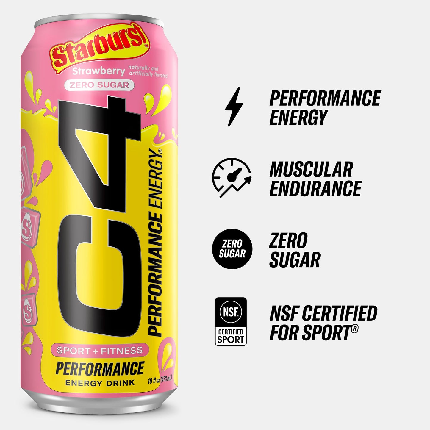 Cellucor C4 Performance Energy Drink | STARBURST Strawberry | Zero Sugar Carbonated Preworkout Energy | 200mg Caffeine with Beta Alanine | 16 Fl Oz (12 Pack)