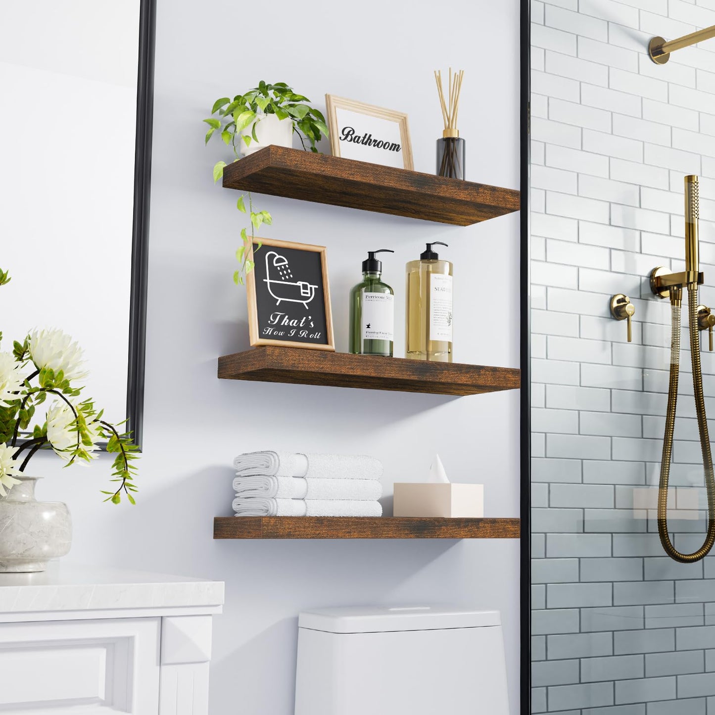 BAYKA Bathroom Floating Shelves for Wall โ Bathroom Shelf Over Toilet Farmhouse Rustic Wood for Bedroom, Kitchen, or Living Room Decor โ Rustic Brown, Set of 3, Sturdy Storage with 22lb Capacity