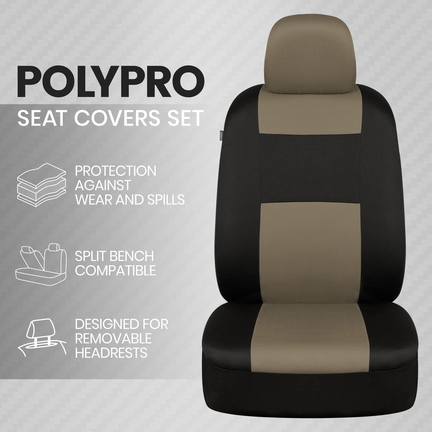 BDK PolyPro Seat Covers Full Set in Beige on Black – Front and Rear Split Bench Seat Covers for Cars, Easy to Install , Car Accessories for Auto Trucks Van SUV