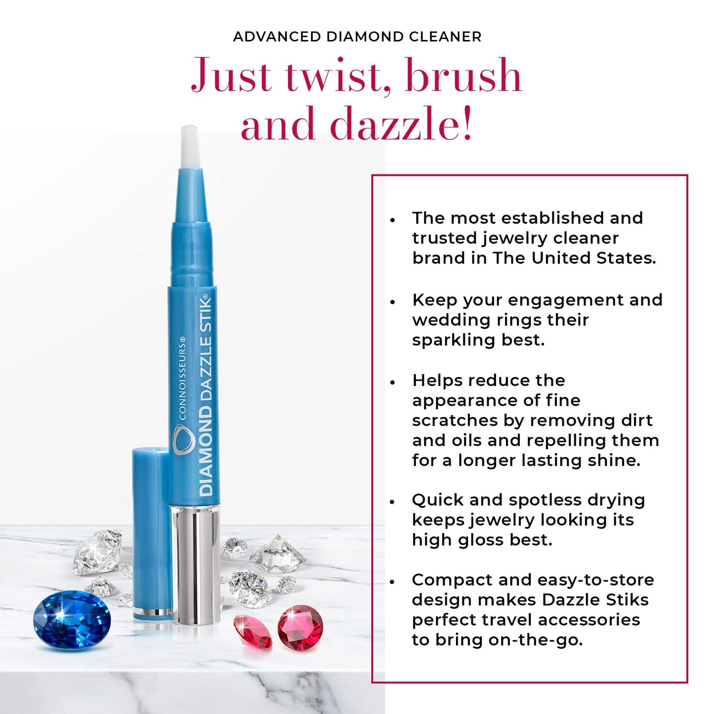 CONNOISSEURS Diamond Dazzle Stik, Portable Diamond Cleaner for Rings and Other Jewelry - Bring Out The Sparkle in Your Diamonds and Precious Stones