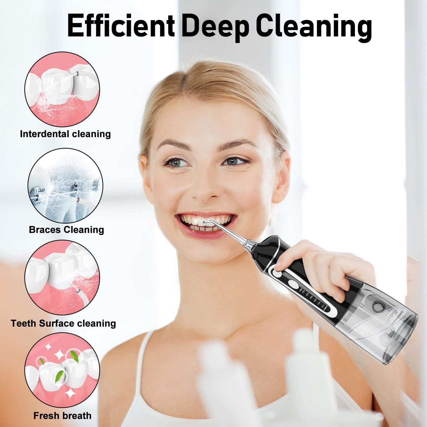 Water Dental Flosser Pick for Teeth,Grinest Cordless Water Dental pik Teeth Cleaner 7 Modes Rechargeable Oral Irrigator Portable IPX7 Waterproof Tooth flossing Cleaning for Home Travel-Black