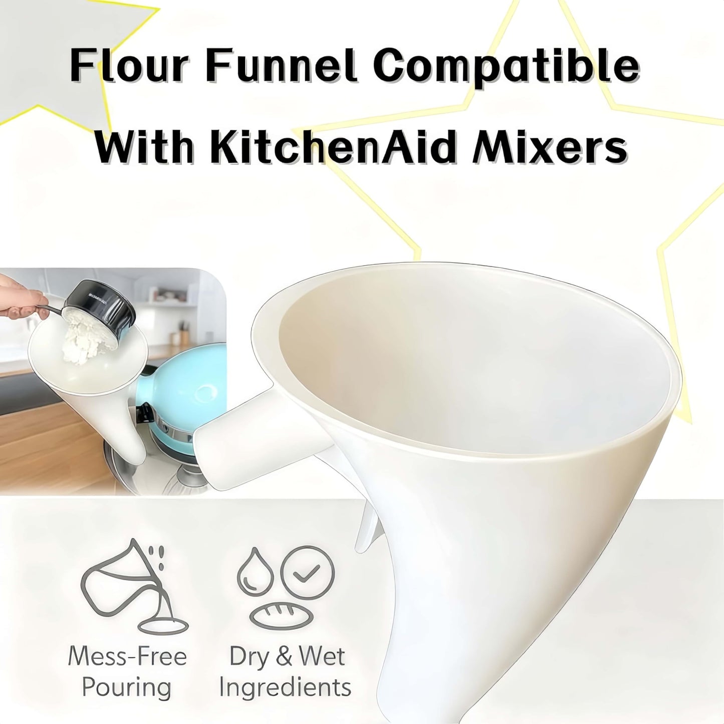 Flour Funnel for KitchenAid Mixer 5 Qt, Anti-Splash Attachment for Tilt-Head Stand Mixer 4.5 & 5 Quart (KSM150), Dishwasher Safe No-Mess Baking Tool, Easy Pour Accessory (White)
