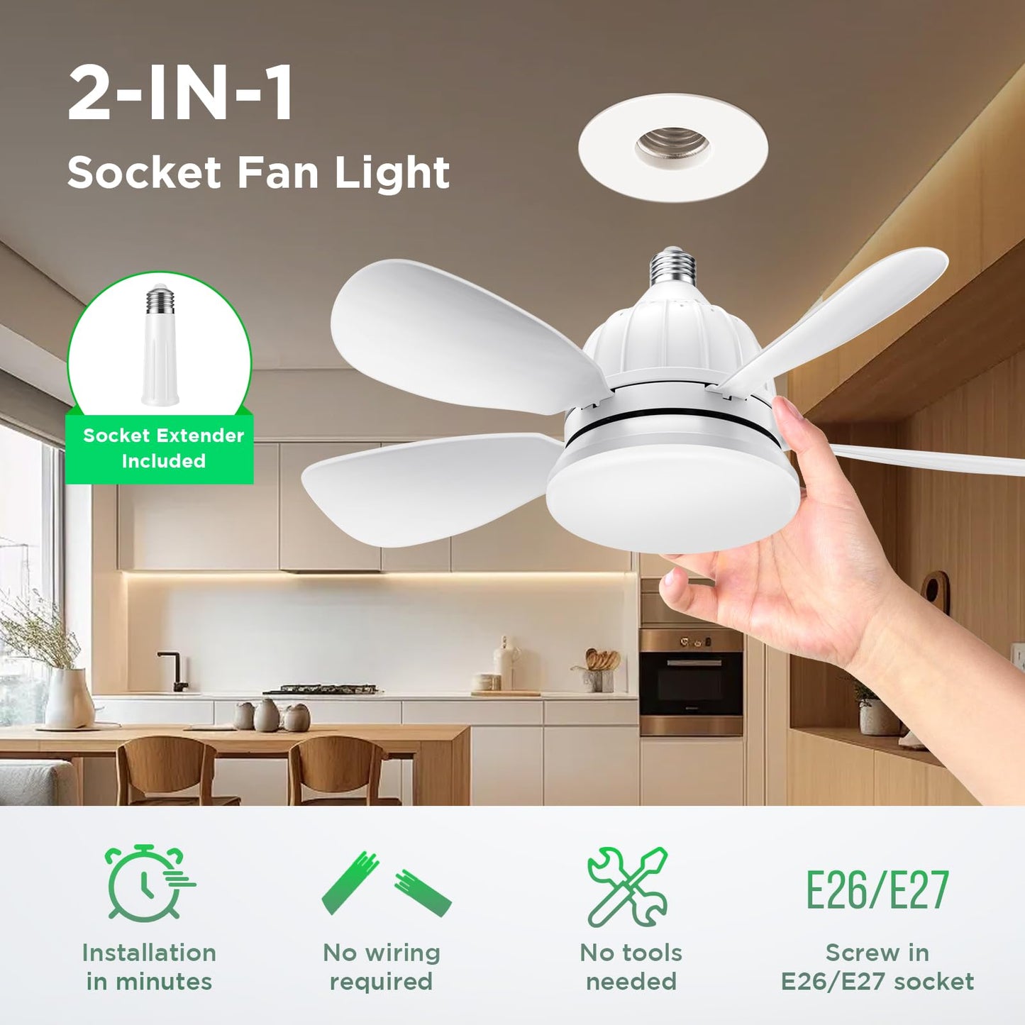 OSTIVE Socket Fan Light with Remote: 18'' Small Ceiling Fans with Lights, 2000 Lumens Dimmable Led Bulb, 3 Colors 3000K-6500K, Easy Install Screw in E26 Base for Bedroom Living Room Kitchen Garage