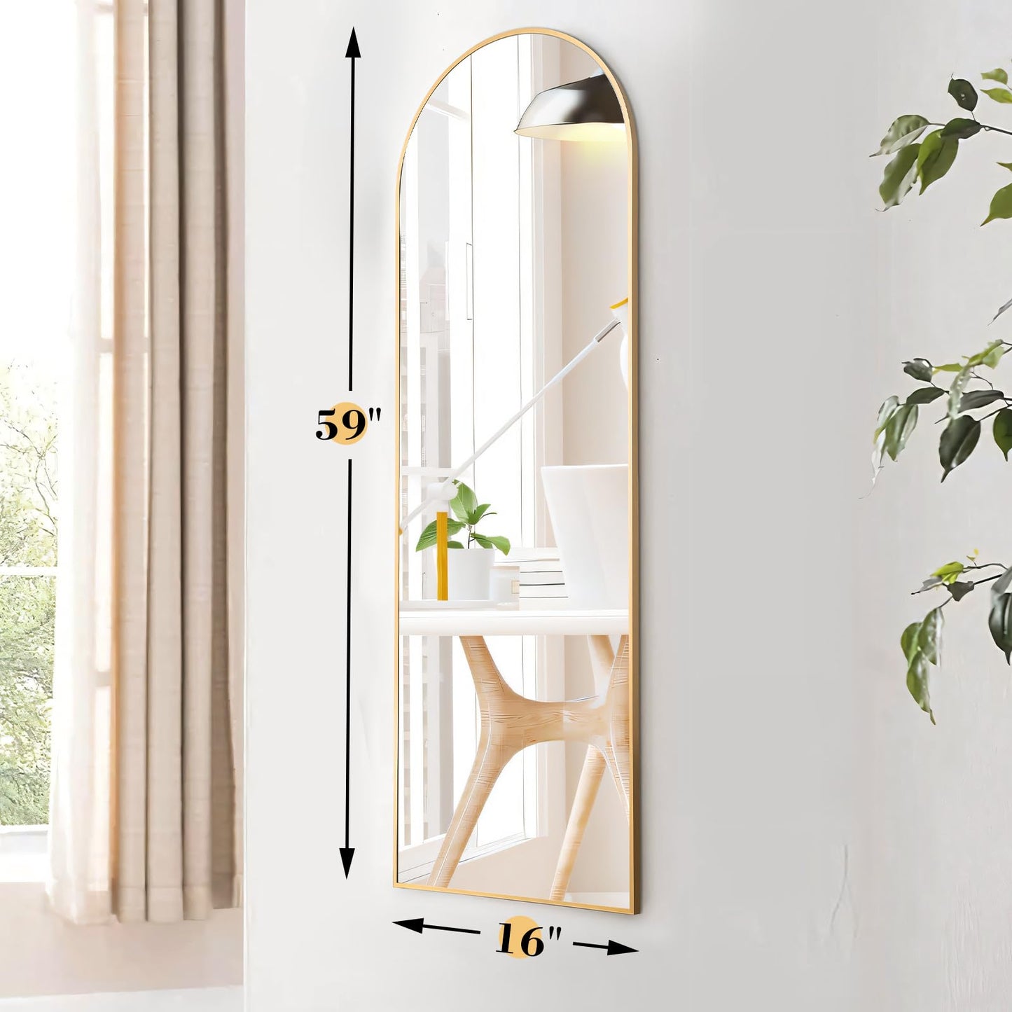 OLIXIS Arched Full Length Mirror 59"x16" for Bedroom, Full Body Mirror with Stand, Hanging or Leaning for Wall, Aluminum Alloy Thin Frame Floor Standing for Living Room, Tall, Gold