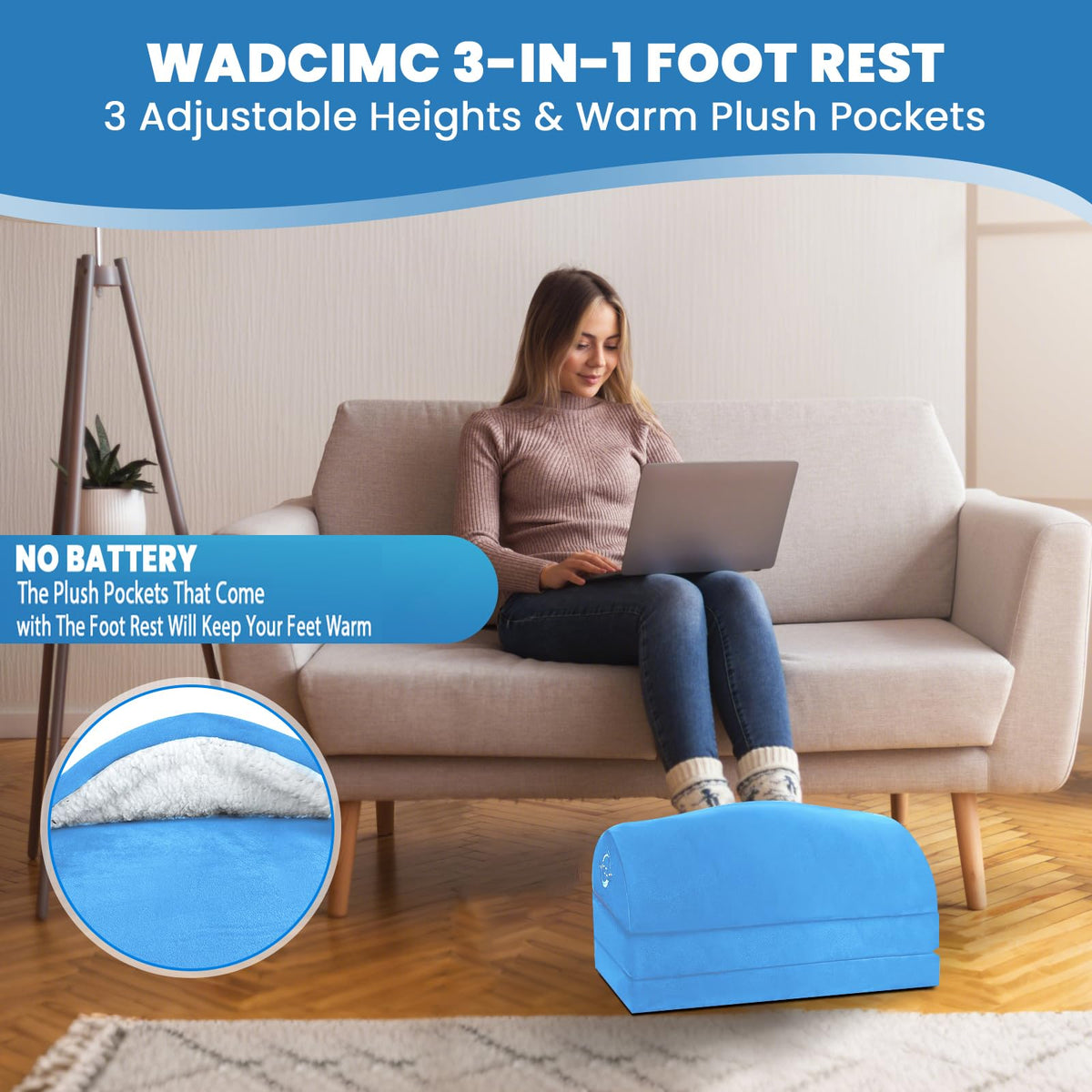 WADCIMC Foot Rest for Under Desk at Work, Warmer Feet Pocket Footrest,Foot Stool with Washable Cover,Comfortable Footrest with 3 Adjustable Heights, for Office Gaming Chair, for Leg Support, XL(18IN)