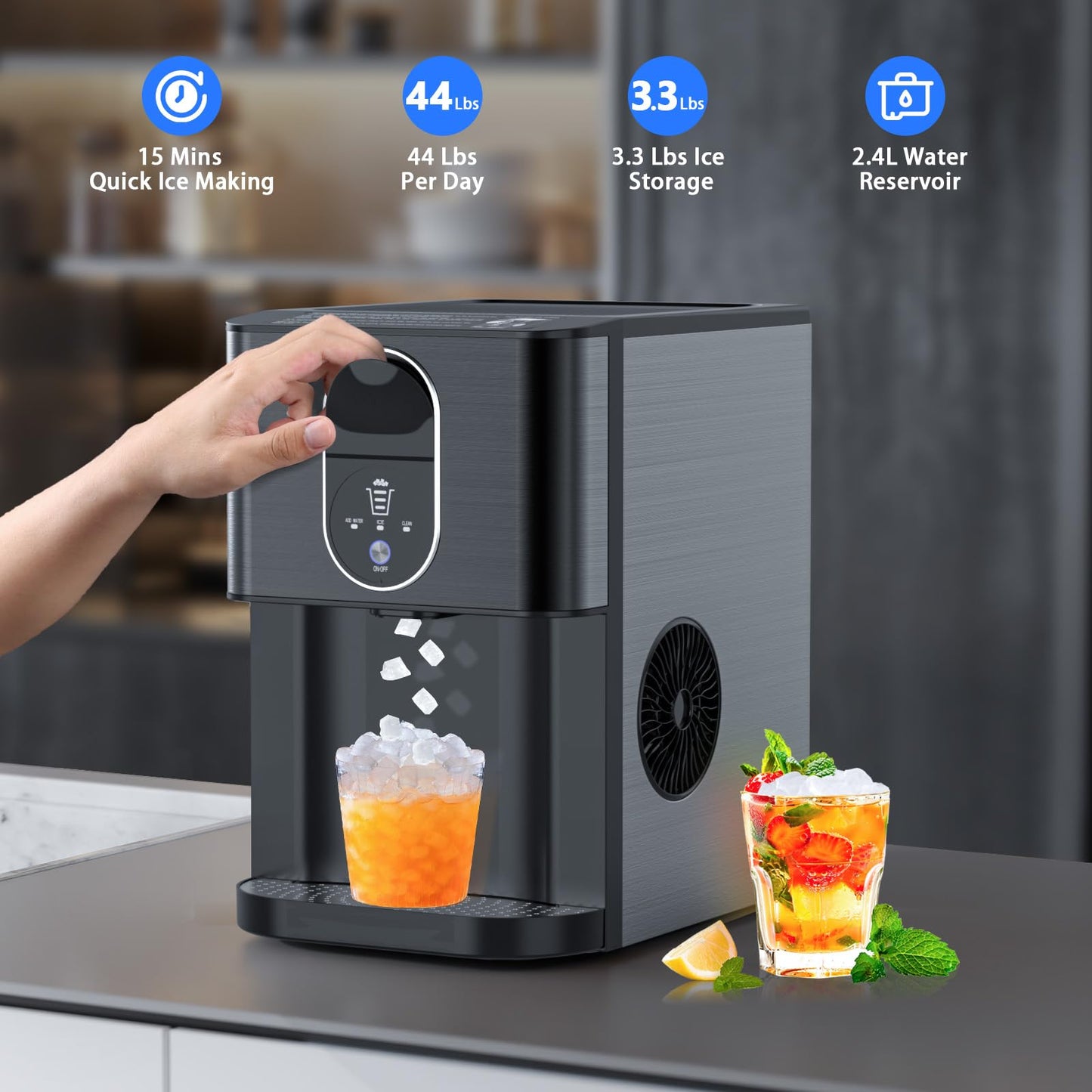 Nugget Ice Makers Countertop, Pebble Ice Maker Machine with Dispenser 44lbs/24H, Soft Chewable Pellet Ice Machine, 3.3lbs Ice Storage, Self-Cleaning Ice Maker for Home/Kitchen/Party/Office, Black