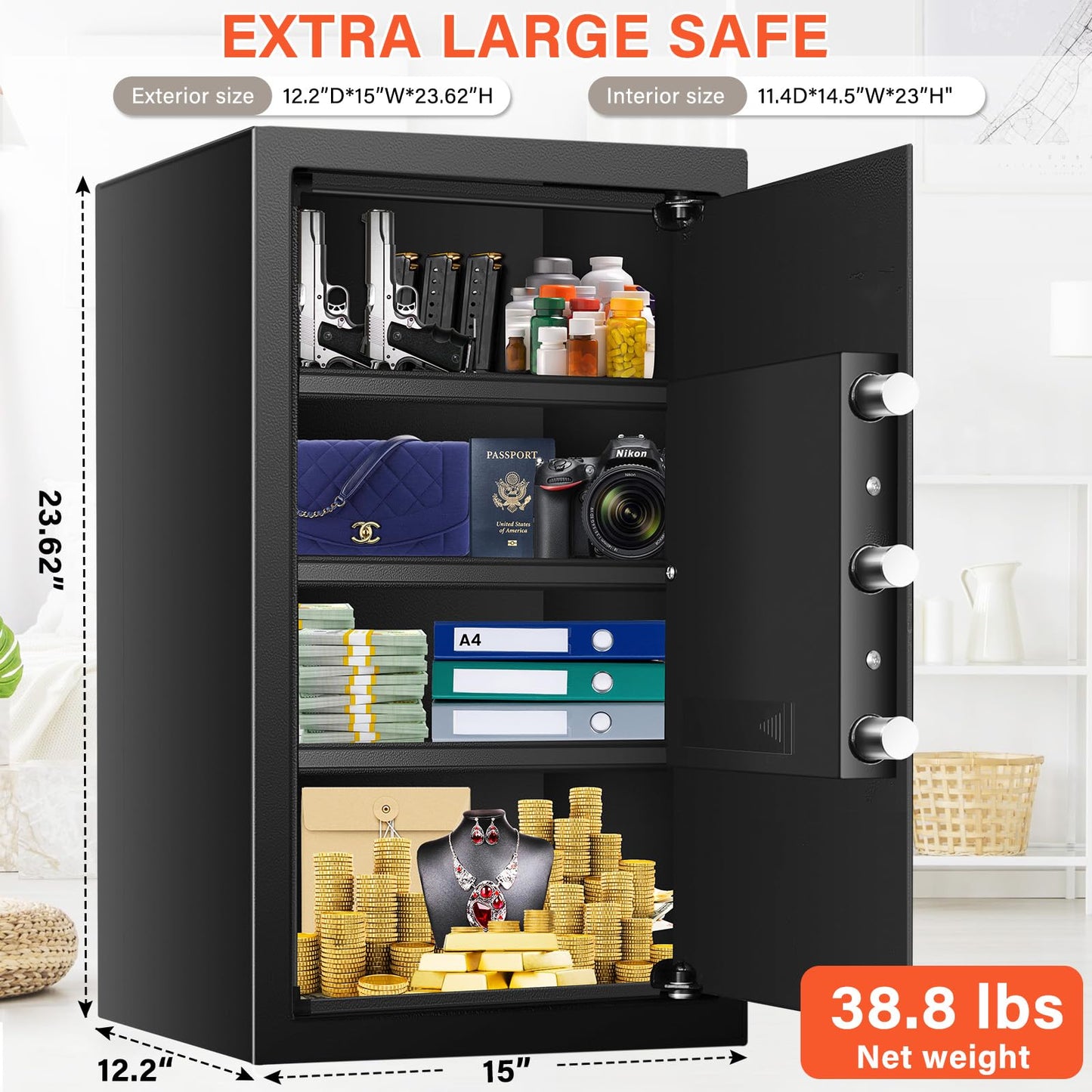 Mitlvge 23.62'' Tall Extra Large Home Safe Box, Safe with Fireproof Waterproof Document Bag, Digital Keypad and 3 Removable Steel Shelves, Security Box for Money Medicines Jewelry Valuables