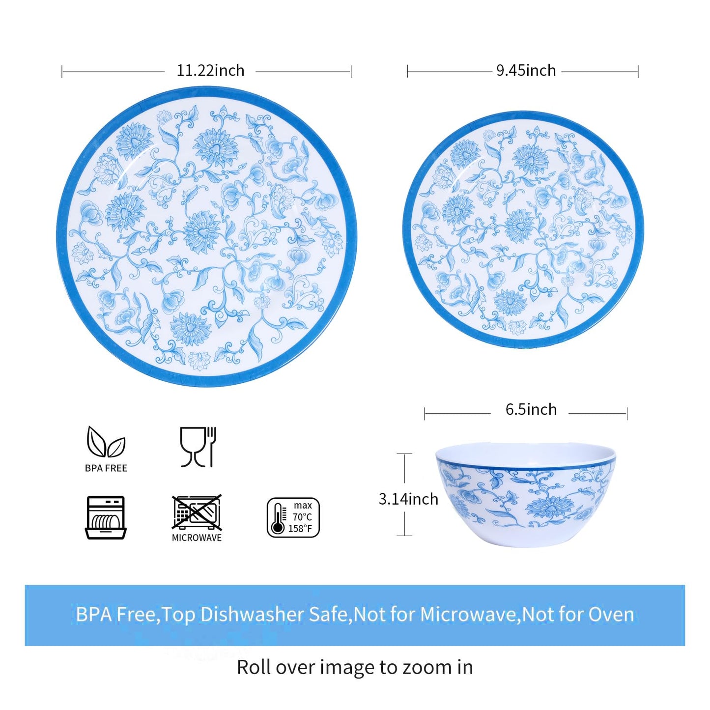 Melamine Dinnerware Set 12-Piece for 4 Dish Set Plates Bowls Unbreakable Dishware for Indoor Outdoor Use Lightweight Durable for Camping Picnics Parties Blue