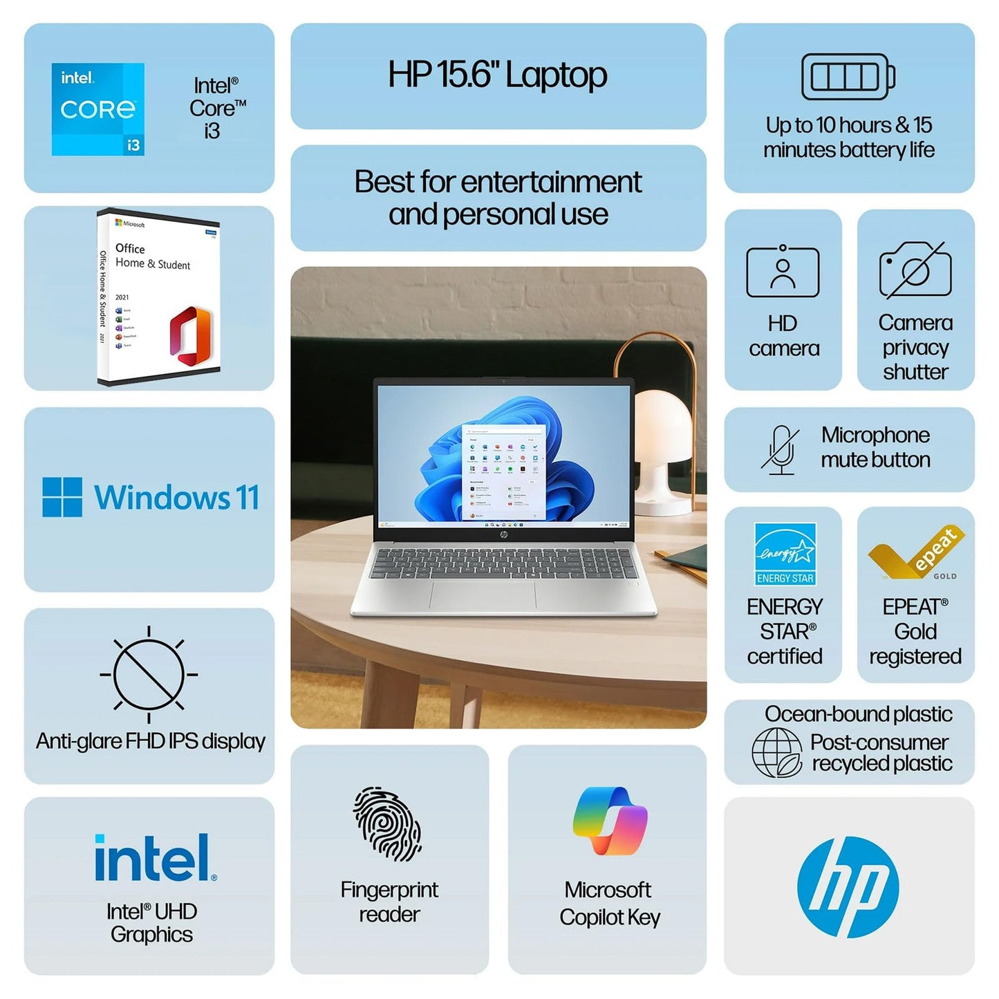 HP Latest 15.6" FHD Laptop with Microsoft Office | Intel 13th 8 Cores i3 CPU (Beat 11th i5) | 16GB RAM | 256GB SSD | AI Copilot Key | Fingerprint Reader | Wi-Fi 6 | Windows 11 | No Mouse