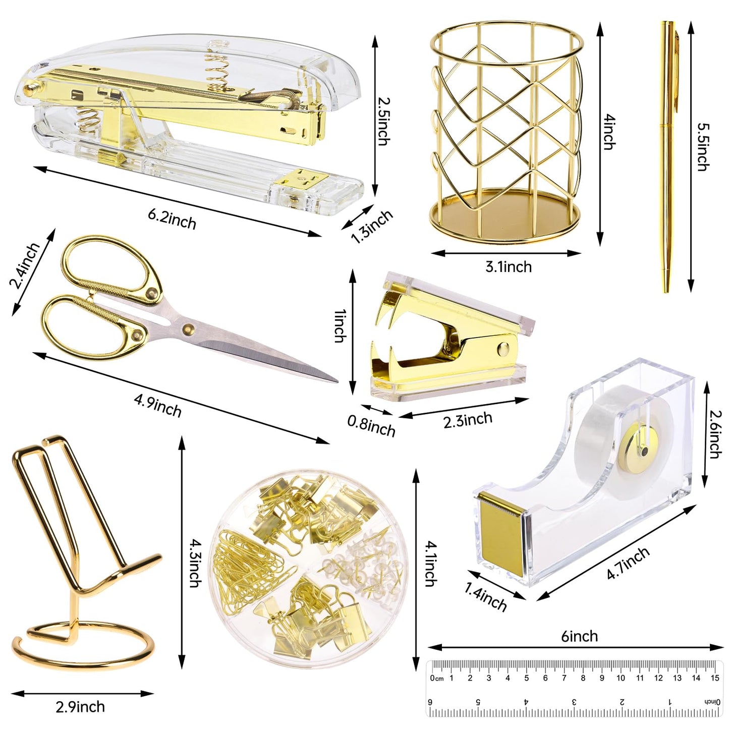 EOOUT Gold Office Supplies Set Desk Accessories, Acrylic Stapler Set Staple Remover, Phone Holder, Tape Holder, Pen Holder, 2 Ballpoint Pen, Scissor, Binder Clips, Ruler, Transparent Glue and Staples.