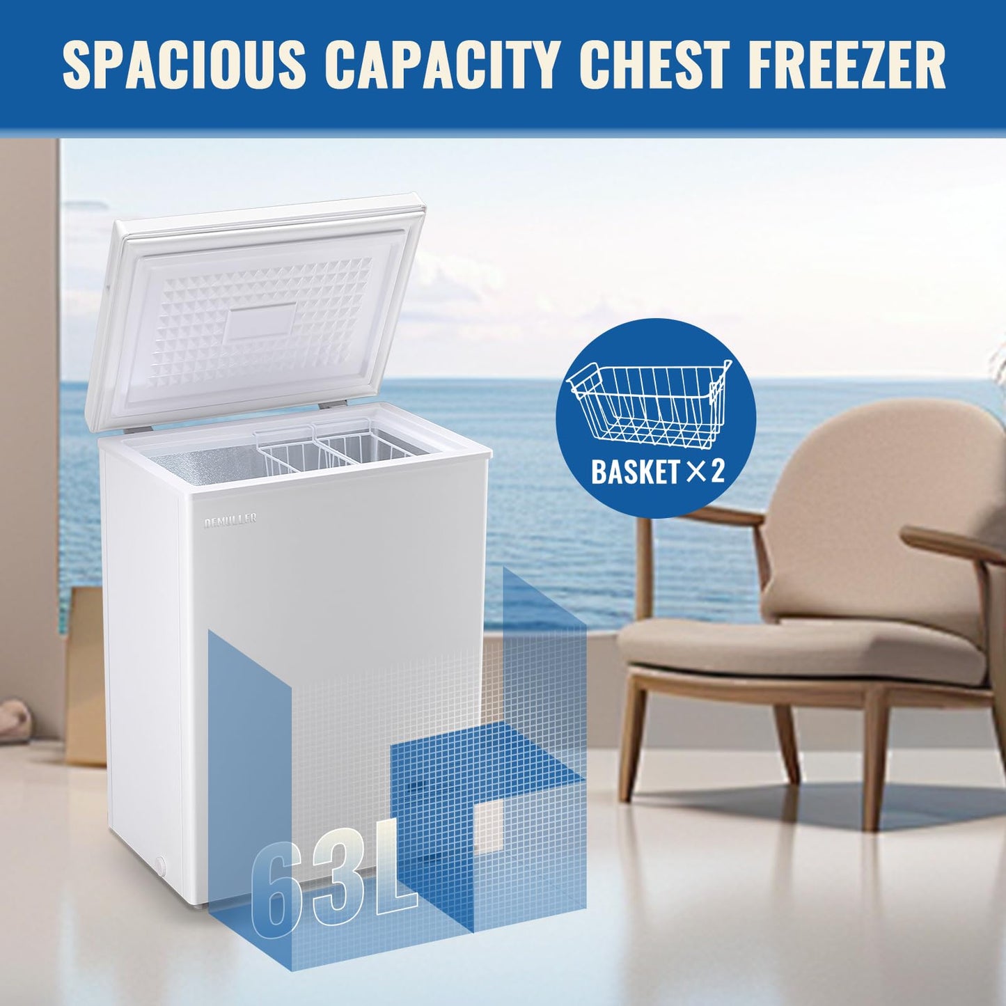 DEMULLER 63L Mini Deep Freezer with Electronic Temperature Control Panel Small Chest Freezers with Two Baskets White (-12℉ to 50℉) Ideal for Home Kitchen Dorm Office