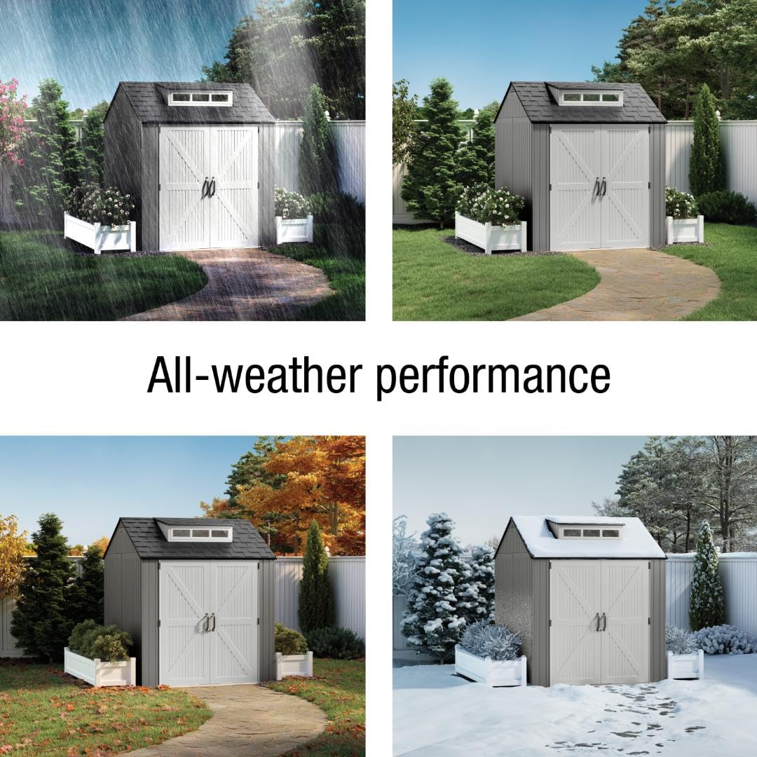 Rubbermaid Resin Outdoor Storage Shed With Floor (7 x 7 Ft), Weather Resistant, Gray, Organization for Home/Backyard/Garden Tools/Lawn Mower/Bike Storage/Pool Supplies