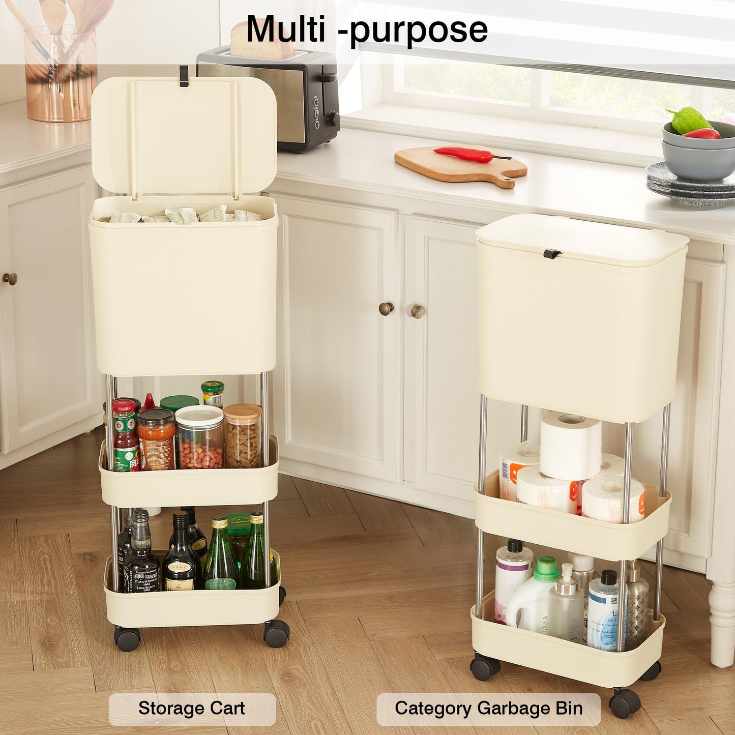 VECELO Kitchen Trash Can with Lid, Garbage Bin with Storage Rack, Dog Proof Narrow Waste Basket for Bathroom, Bedroom, Living Room, Office, White