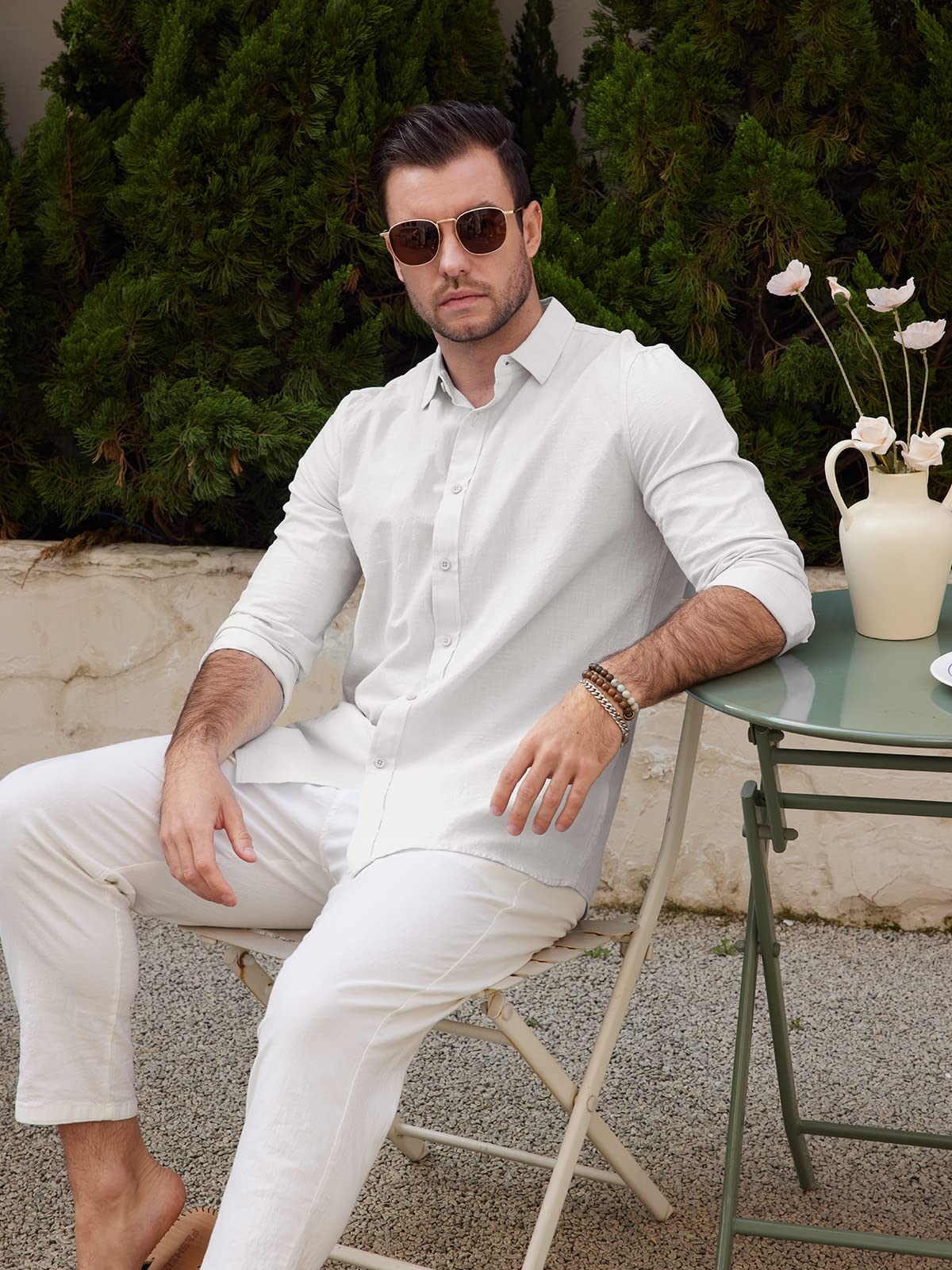 JEKAOYI Mens Casual Long Sleeve Cotton Linen Shirts Buttons Down Solid Plain Roll-Up Sleeve Summer Beach Shirts White