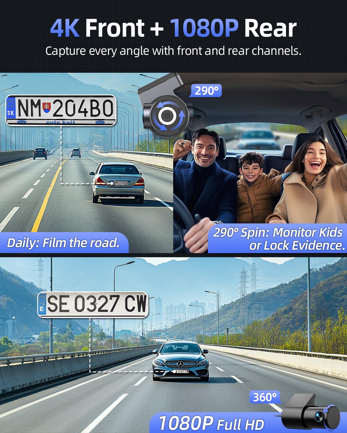 CIEVIE 4K Dash Cam Front and Rear, 64GB SD Card, 1.5” IPS Display Car Camera, 5Ghz WiFi+App Control, Night Vision, 24H Parking Mode, G-Sensor, WDR, 170° Wide Angle, 4K+1080P Dual Dash Camera for Cars