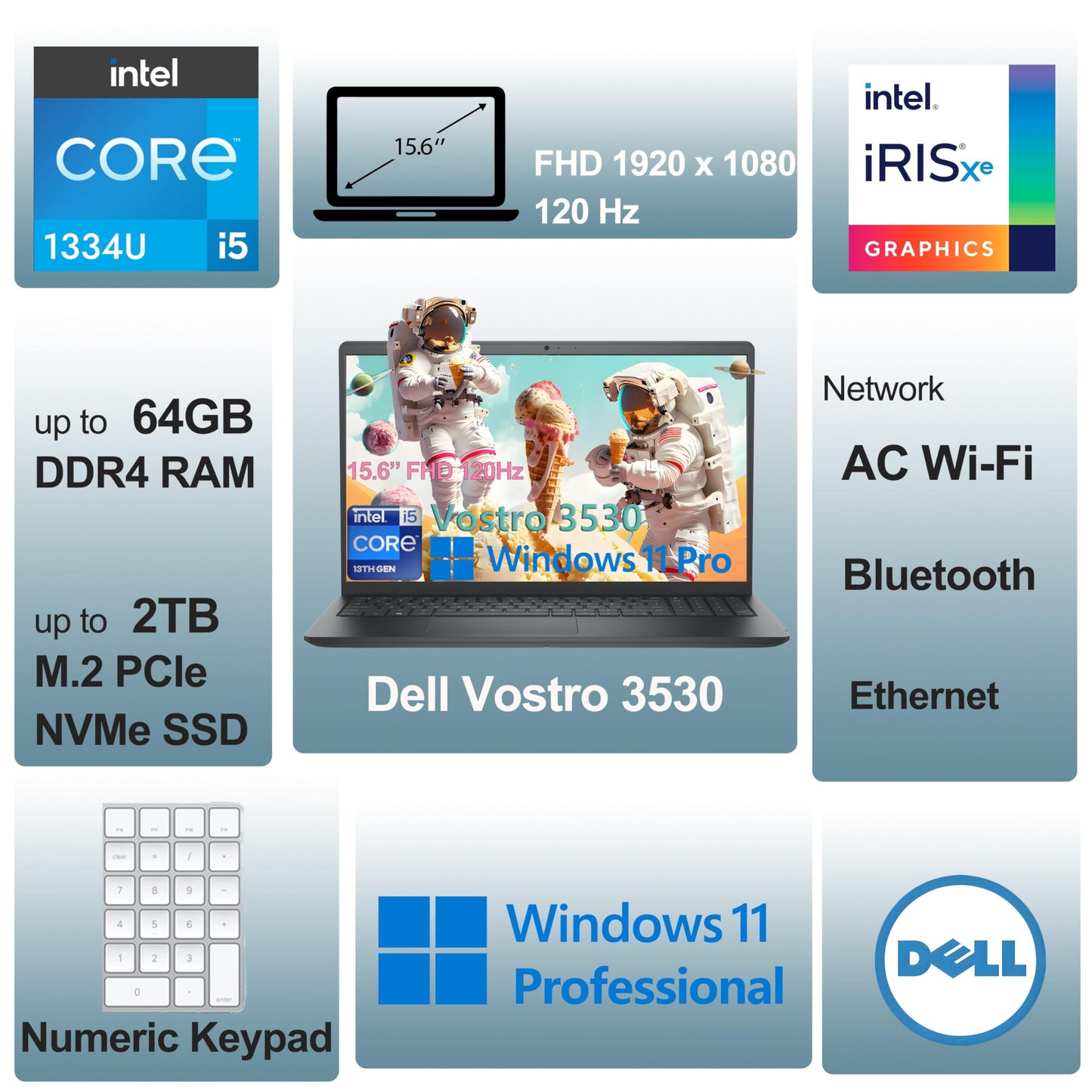Dell 15 3530 Laptop - Business & Home Student Laptop Computer, Intel 10-Core i5-1334U (Beat i7-1250U), 120Hz Fhd Vostro Laptop, WiFi, Bluetooth, Windows 11 Pro (32Gb Ram | 1Tb Pcie Ssd)
