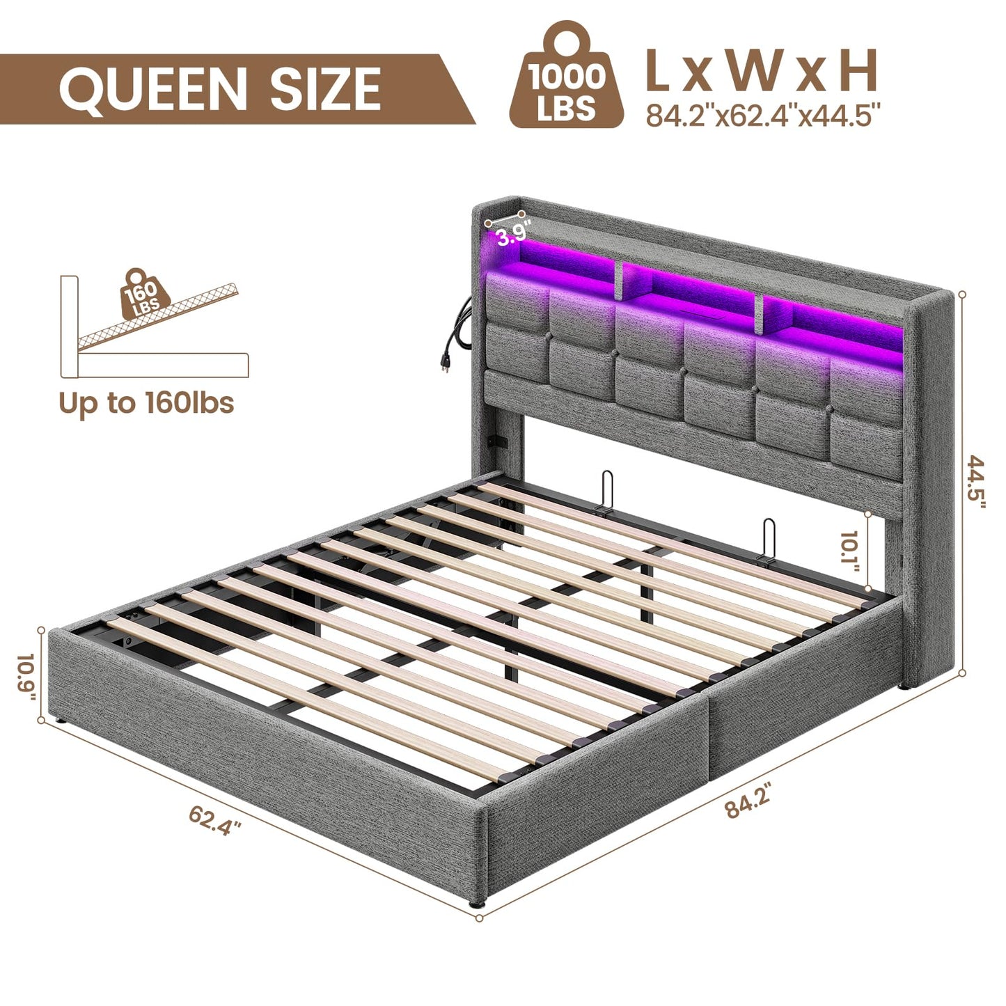 Driftalia Lift Up Queen Bed Frame with Storage, Upholstered Bed Frame Queen Size with LED Lights Headboard and Charging Station, No Box Spring Needed, Easy Assembly - Light Grey