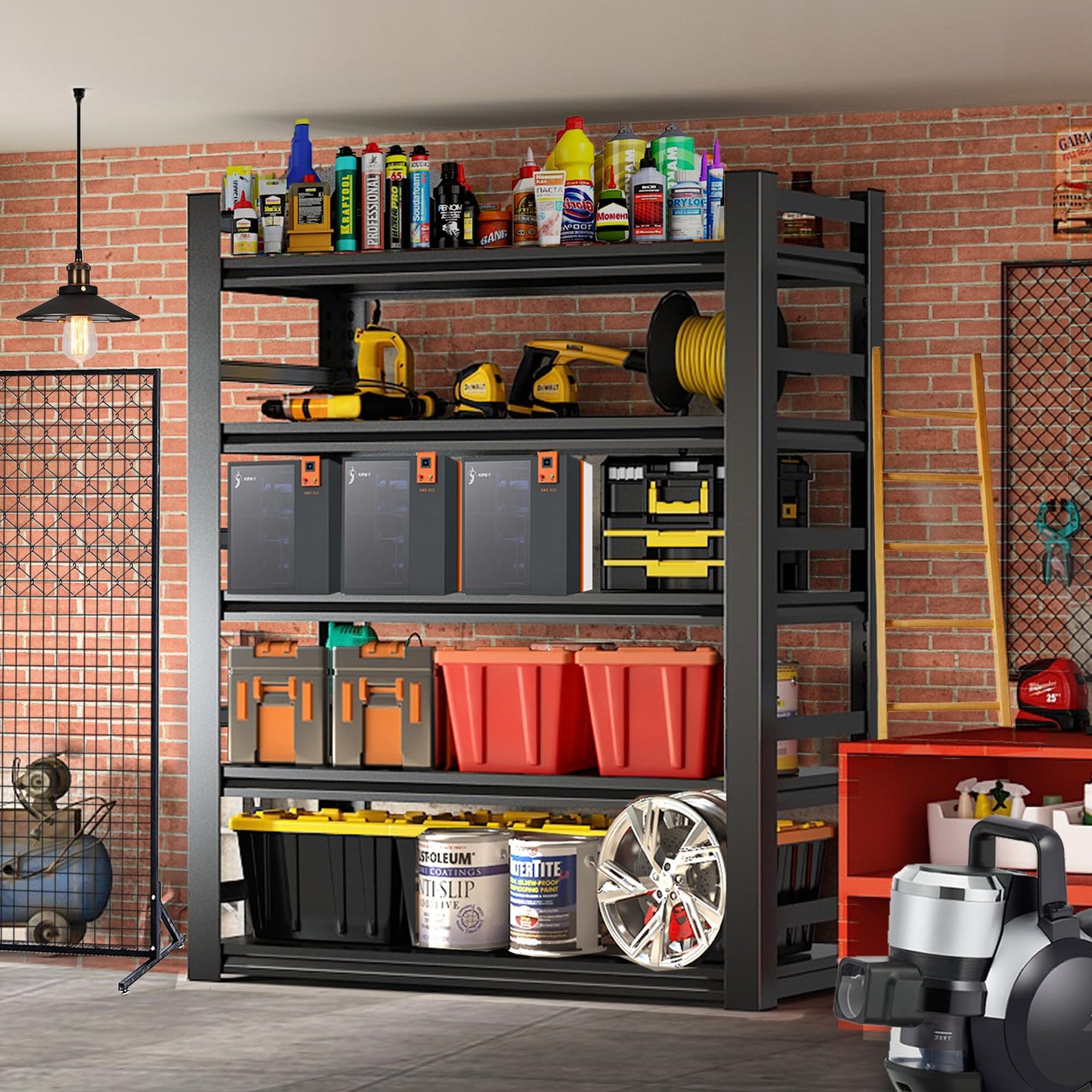 Metal Garage Shelving Unit, Heavy Duty 5-Tier Adjustable Storage Rack, Steel Shelving, 3000 lbs Capacity, Industrial Shelves for Heavy Tools and Equipment, Ideal for Garage, Basement, Black, 72"