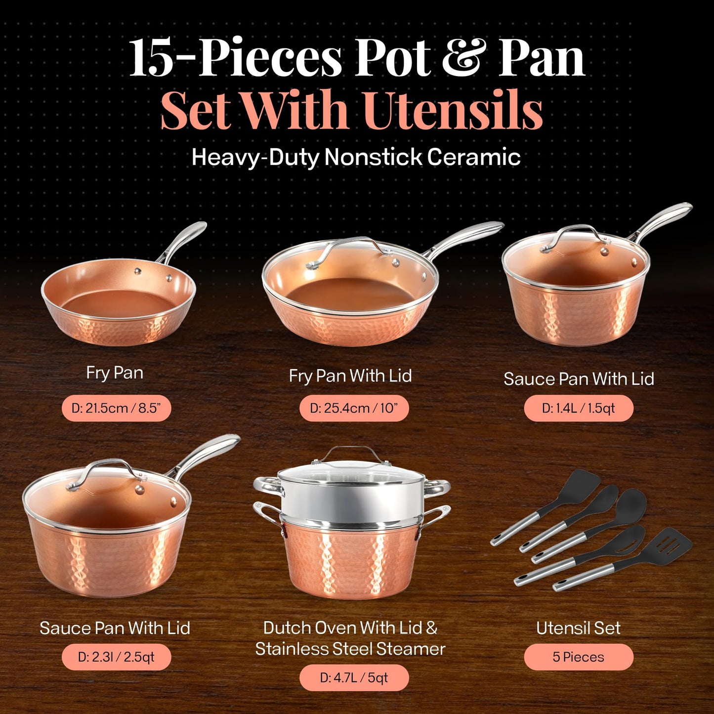 GOTHAM STEEL Hammered 15 Pc Ceramic Cookware Set Nonstick, Copper Pots and Pans Set Non Stick for Kitchen with Utensils, Deep Pots and Pans for Cooking, Non Toxic Cookware Sets, Oven & Dishwasher Safe