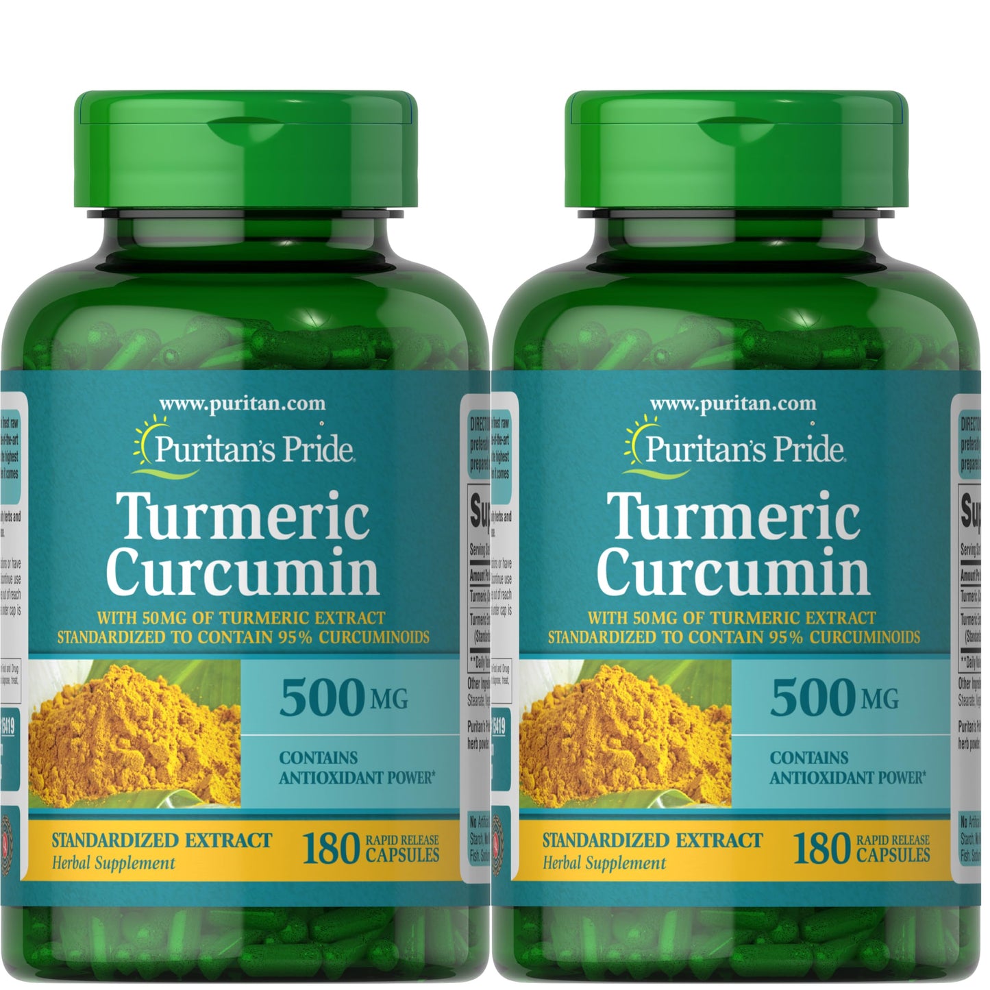 Puritan's Pride Turmeric Curcumin 500mg, Standarized to 95% Cucuminoids, Herbal Dietary Supplement for Antioxidant Health, 180 Radpid Release Capsules, Pack of 2