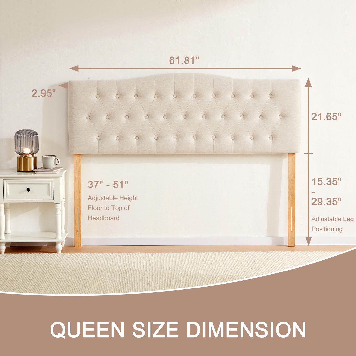 Huatean Home Tufted Upholstered Headboard Queen Size, Sturdy and Durable Solid Wood Bed headboard, Fabric Headboard Adjustable Height from 37” to 51”, Modern Button Diamond Design Head Board, Beige