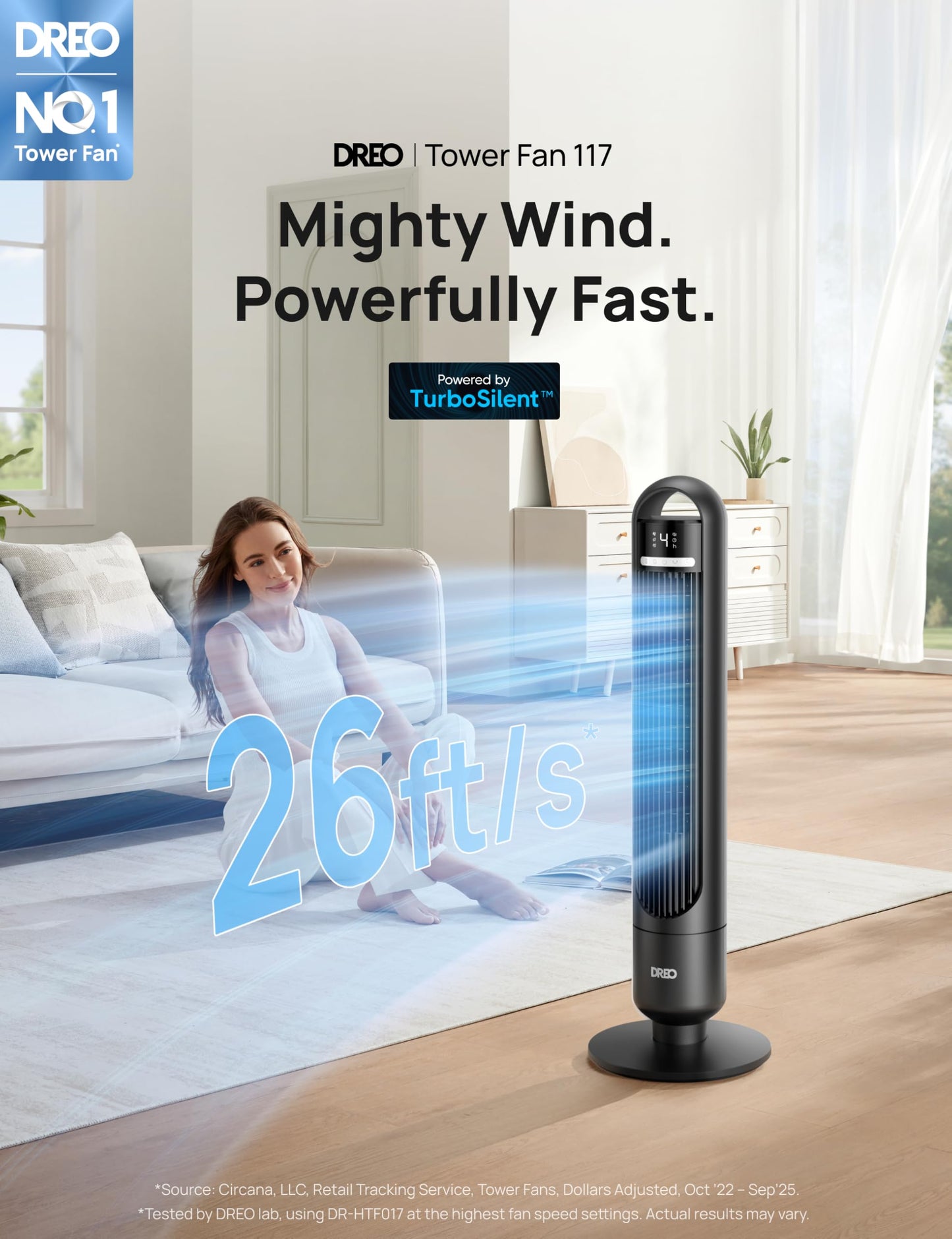 DREO Tower Fan for Bedroom, 90Β° Oscillating Standing Fans for Room with 4 Speeds, 3 Modes, 28dB Quiet for Sleep, 26ft/s Velocity, 8H Timer, Remote, Living Room, Office, Home, Black