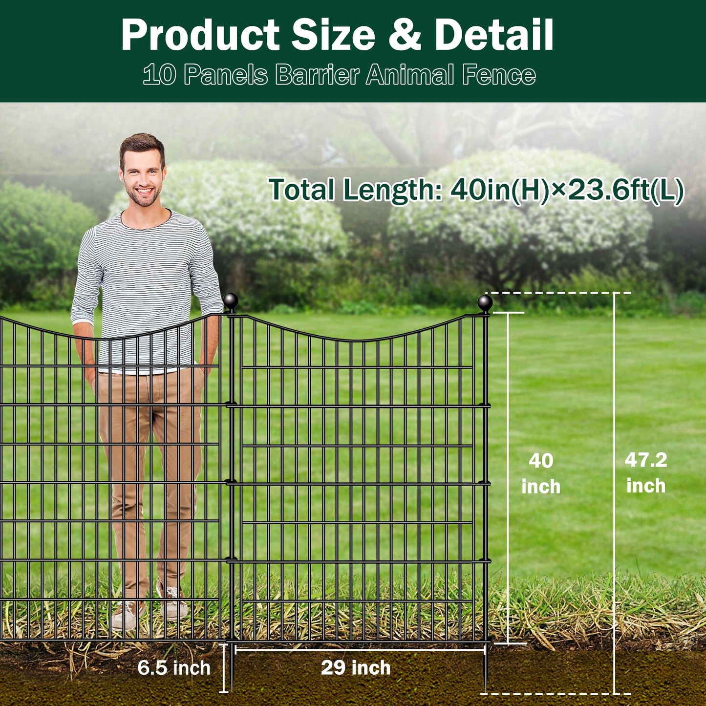 10 Panels Decorative Garden Fence with Gate, 40 in(H) X 23.6 ft(L) No Dig Dog Fence Animal Barrier Outdoor for Yard, Rustproof Metal Garden Edging and Borders, Temporary Fencing Stakes